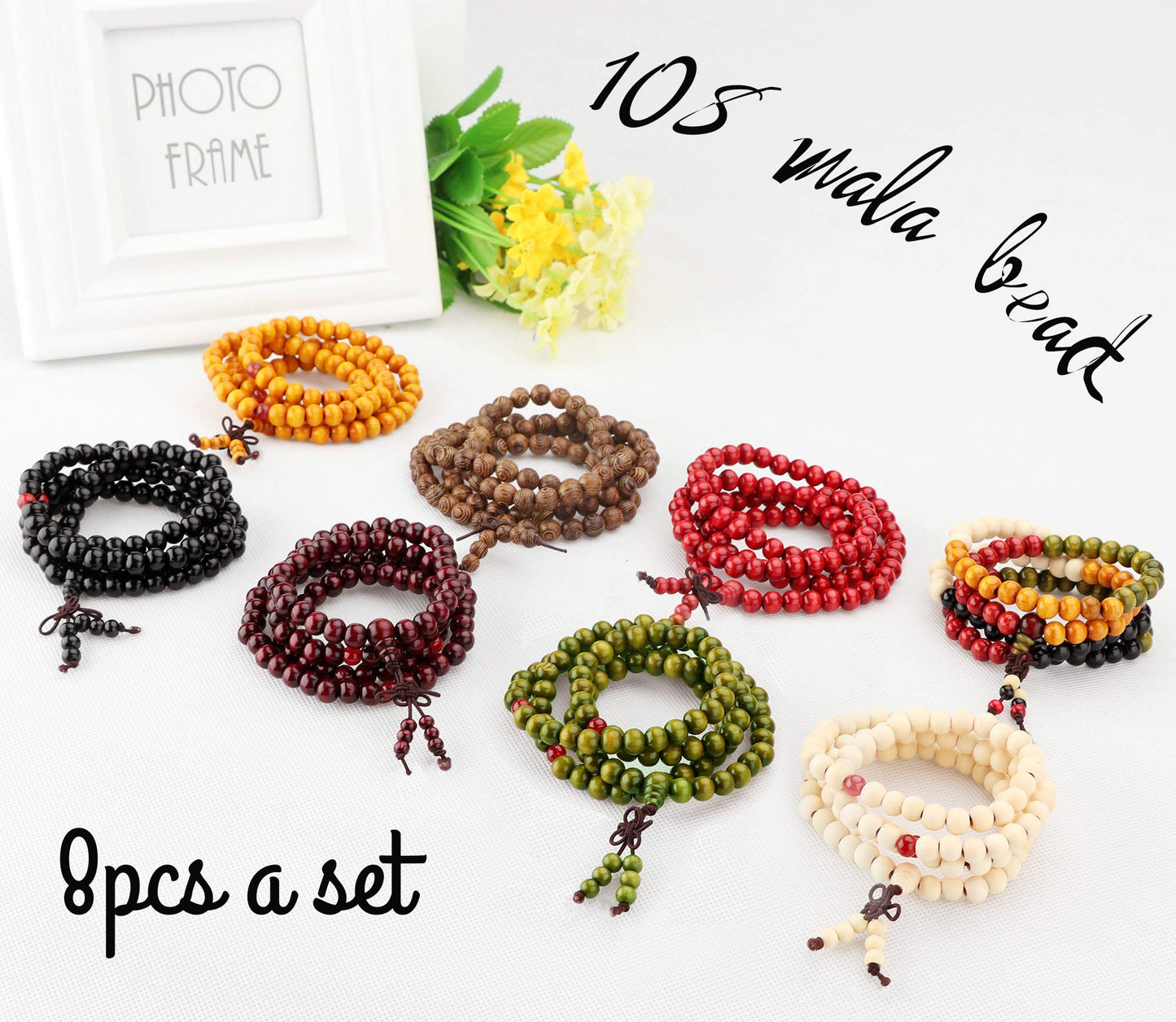 LOYALLOOK 8Pcs 108 Mala Bead Bracelets 8MM Tibetan Buddha Wood Beaded Sandalwood Link Wrist Necklace Chain Bracelets Multilayer Buddhist Prayer Strand Bracelet Meditation Necklace Elastic Chinese Knot