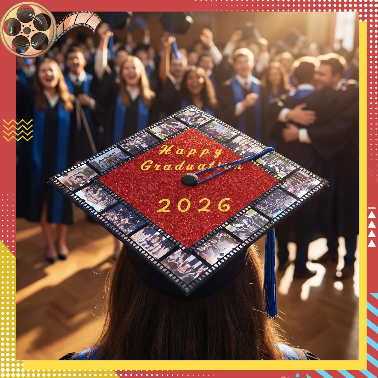 Gersoniel 6 Sets Graduation Cap Topper Decoration Kit for 2026,Glitter Cardstock,Film Style Tape & Letter Sticker Construction Paper for Graduation Cap for Grad Party Craft DIY Decor(Red)