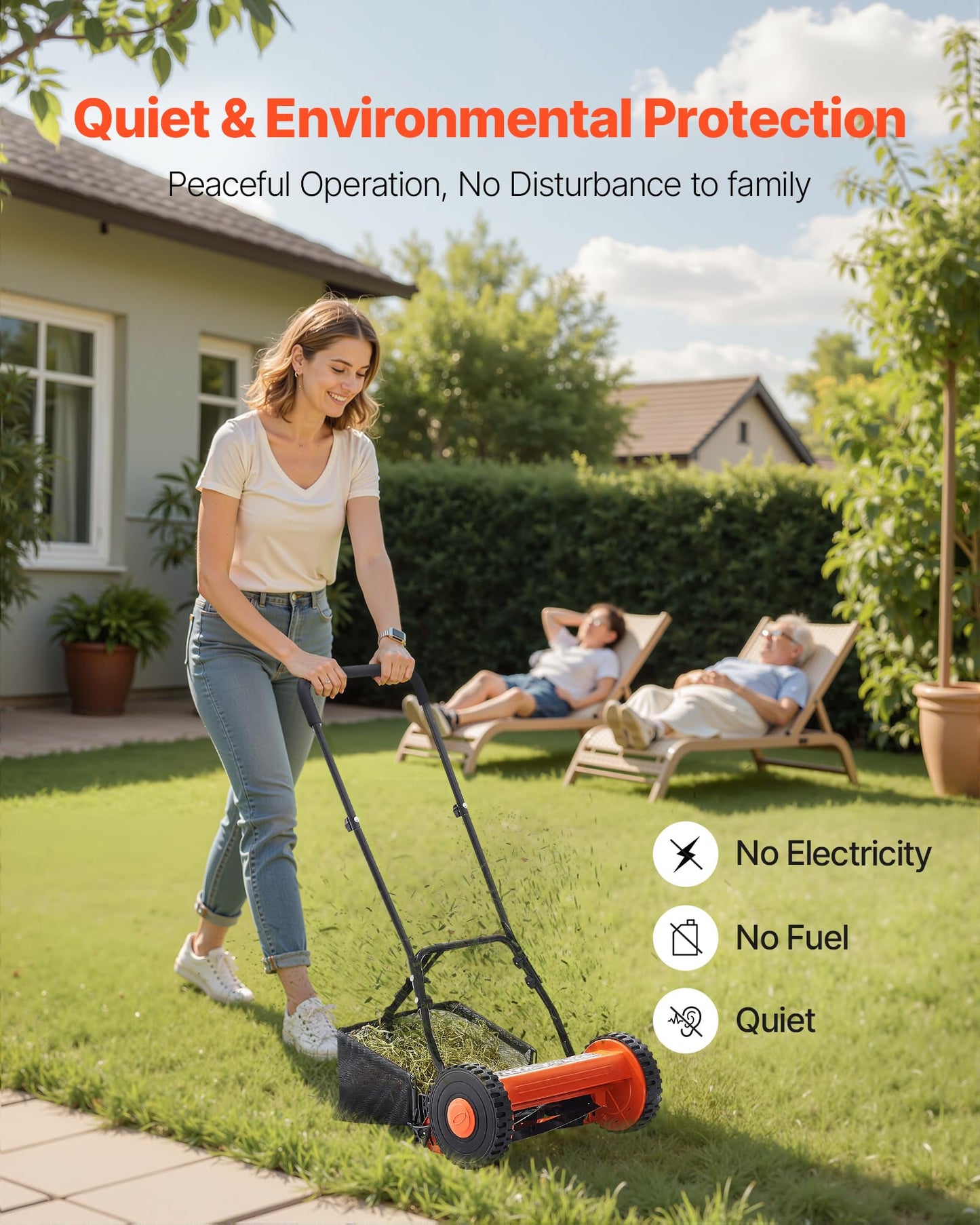 VEVOR Push Reel Lawn Mower 14 inch, 5 Blades Manual Push Mower No Motor, 0.6-1.75 in Adjustable Cutting Height, Walk-Behind Lawn Mowers with Grass Catcher Bag for Green Lawns, Driveways, Courtyards