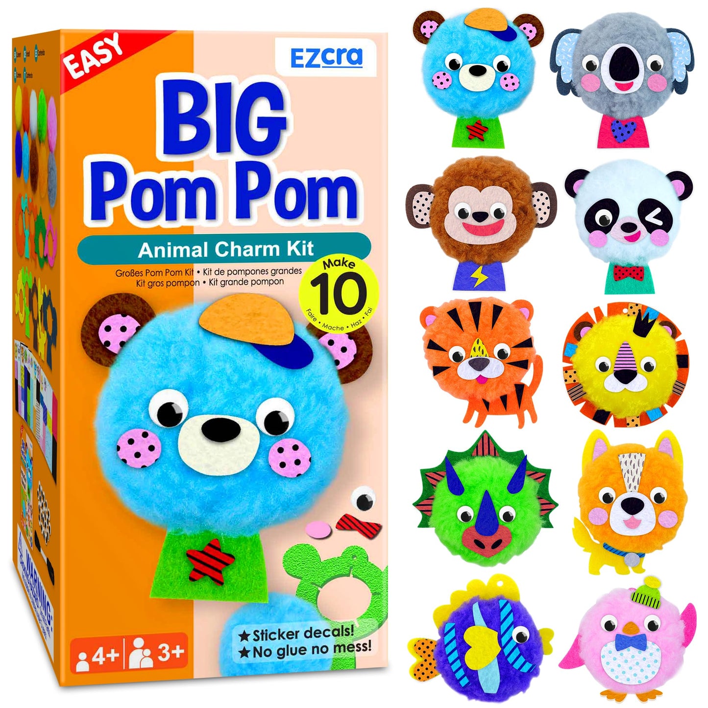 EZCRA Big Pom Pom Animal Craft Kit for Kids Ages 4-6 - DIY Pom Pom Crafts for Girls Boys Toddlers - Make 10 Plush Animals - Mess Free Arts and Crafts Kit
