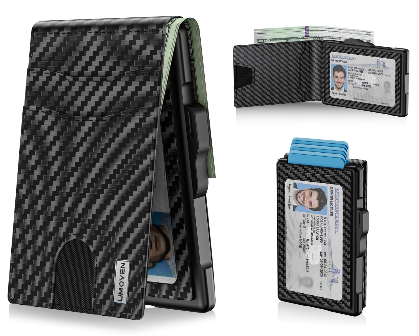 umoven Wallet for Men - Pop Up Case, Cash Slot, and Credit Card Slot - Slim Aluminum Wallet with RFID Blocking, Minimalist Leather Wallet Front Pocket with ID Window (Carbon Fiber)