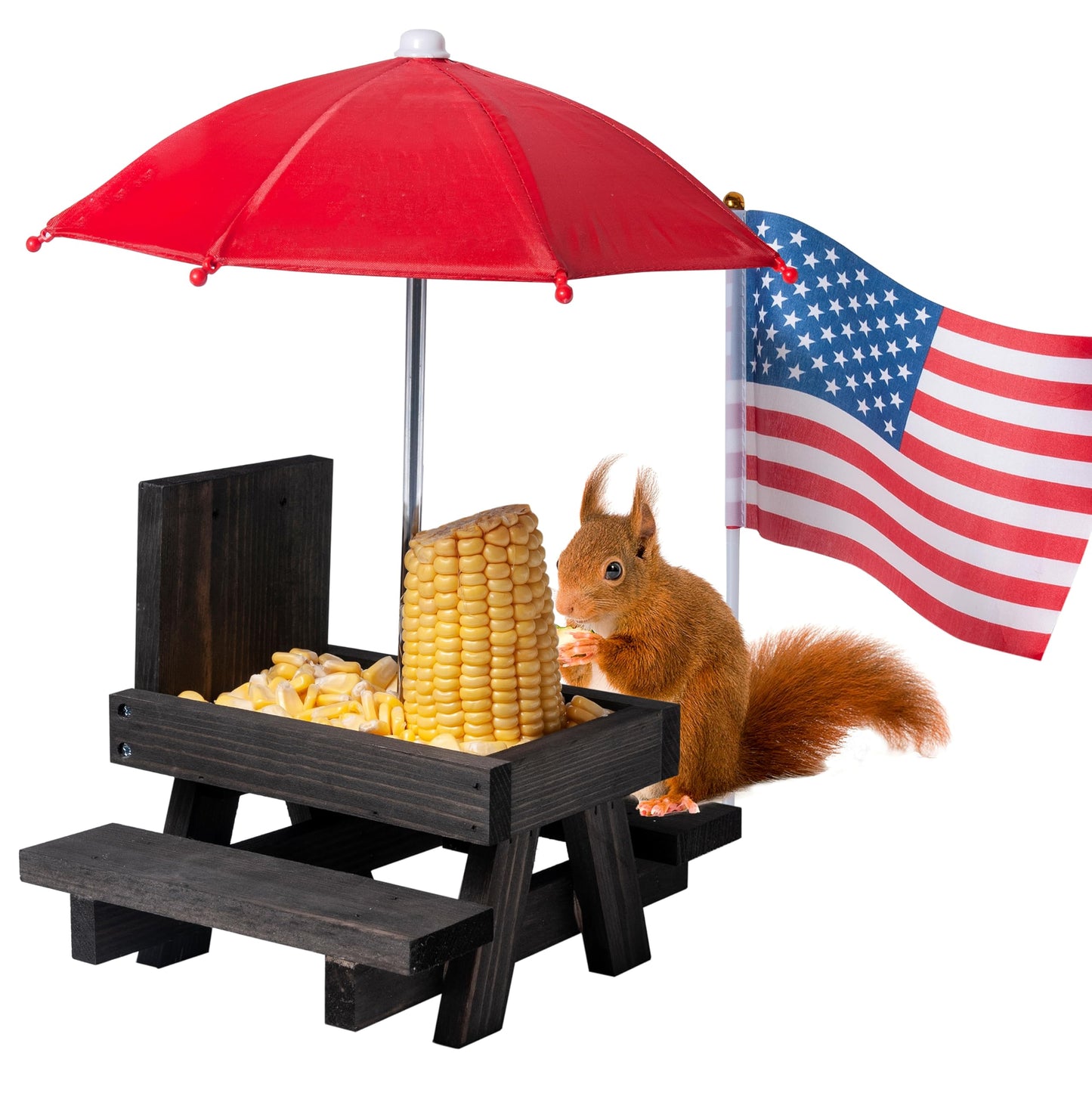 Squirrel Feeder Picnic Table, Squirrel Feeders for Outside with Umbrella and Flag, Black Wood Squirrel Feeder with Corn Cob Holder Cute Chipmunk Feeder for Yard and Porch Decoration