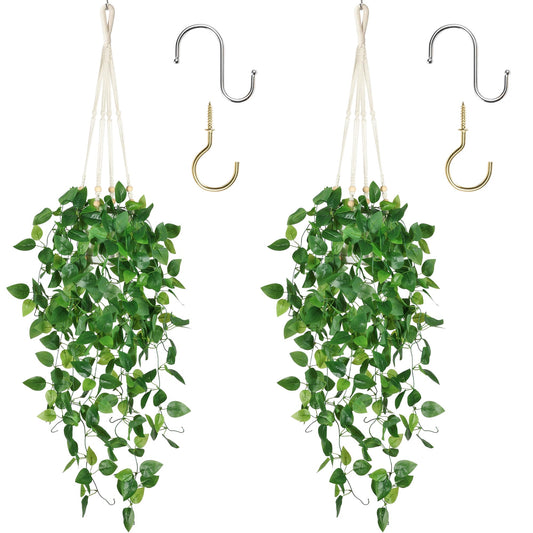KTGOW Artificial Hanging Plants with Boho Macrame Plant Hanger - Fake Ivy Vines in Pot for Wall, Bedroom Home Faux Greenery for Indoor Outdoor Decor (2 Packs)