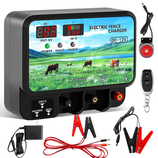 Watpumper 15.5 Joule Electric Fence Charger, 12KV Output, 600 Acres Coverage, DC 12V/AC 100-240V Input, Electric Fence Energizer with Alarm for Cattle, Cow, Goat, Horse, Livestock Protection, YMD-Q780