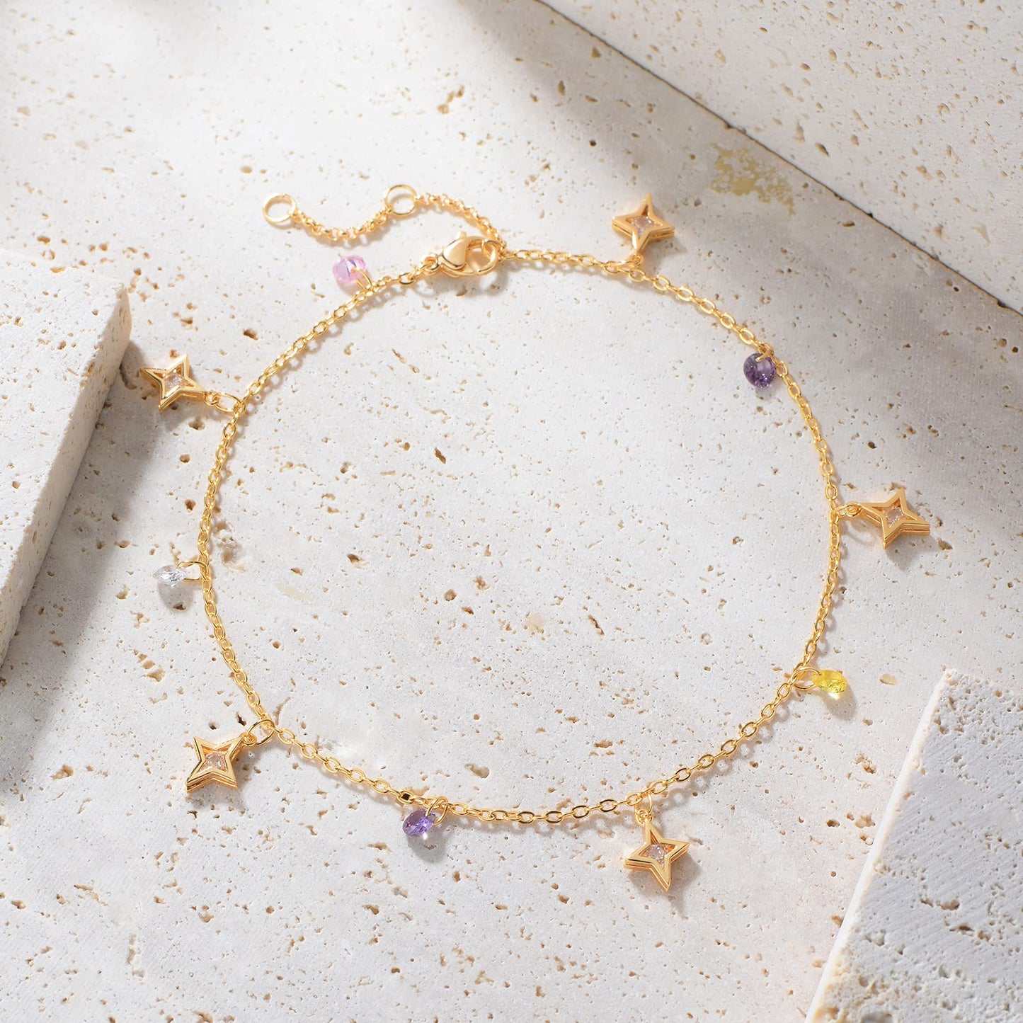 MTMY Gold Anklets for Women 14K Gold Plated Colorful Cubic Zirconia Tassel Foot Chain Dainty Cute Summer Beach Boho Anklets Jewelry Gift (cz star tassel)