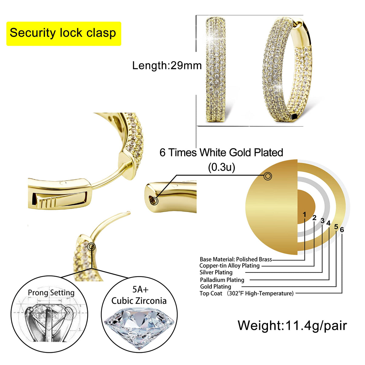 TOPGRILLZ Iced Out Hoop Earrings Cubic Zirconia Huggie Cartilage Cuff Hypoallergenic 14K Gold Plated Luxury Fashion Round Circle Earrings For Women-29mmGold