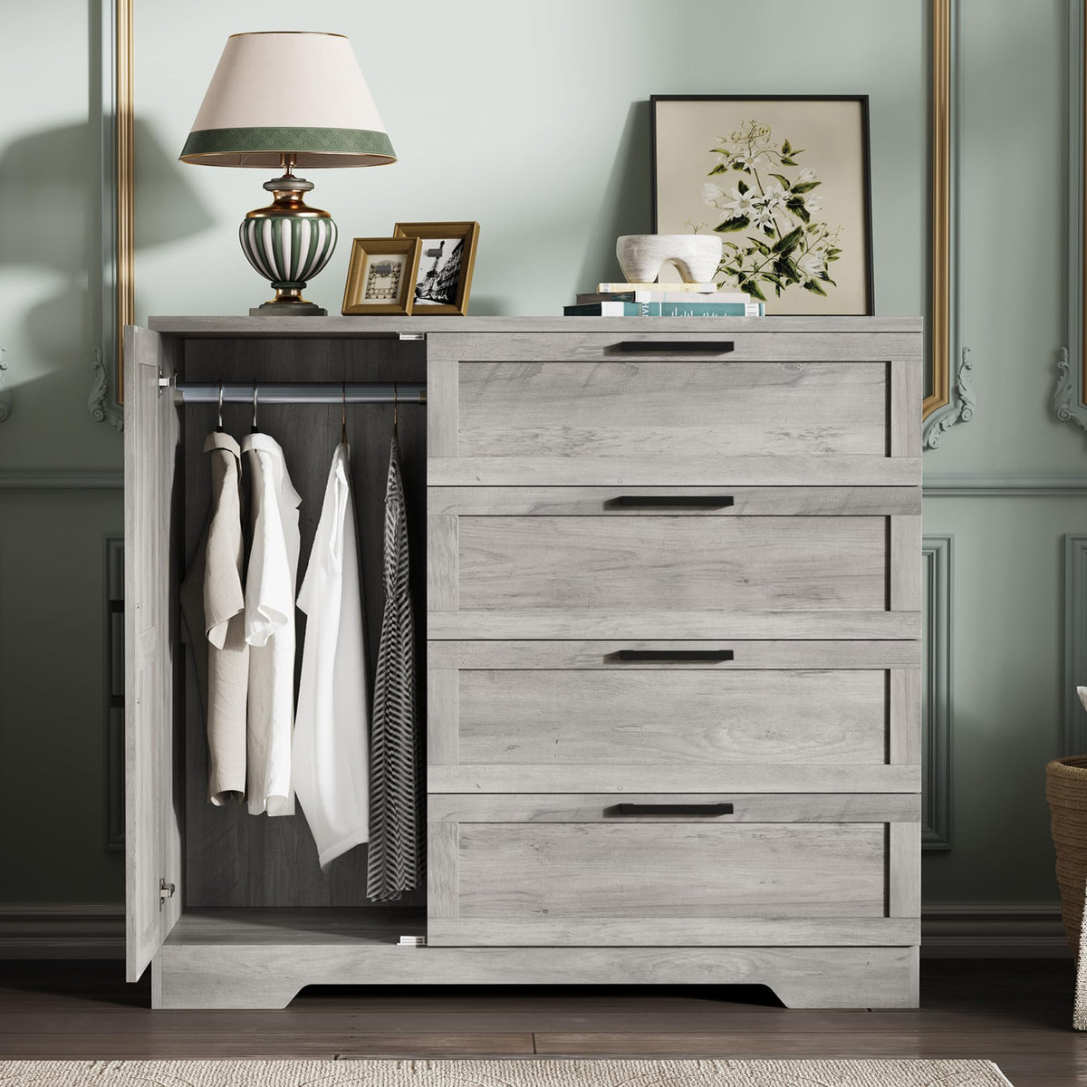 GarveeHome Wood Armoire Wardrobe Closet with 4 Drawers and Door, 43.3 in H Bedroom Wardrobe Cabinet with Hanging Rod, Clothing Storage Cabinets, 4 Drawers Dresser with Storage Closet, Gray