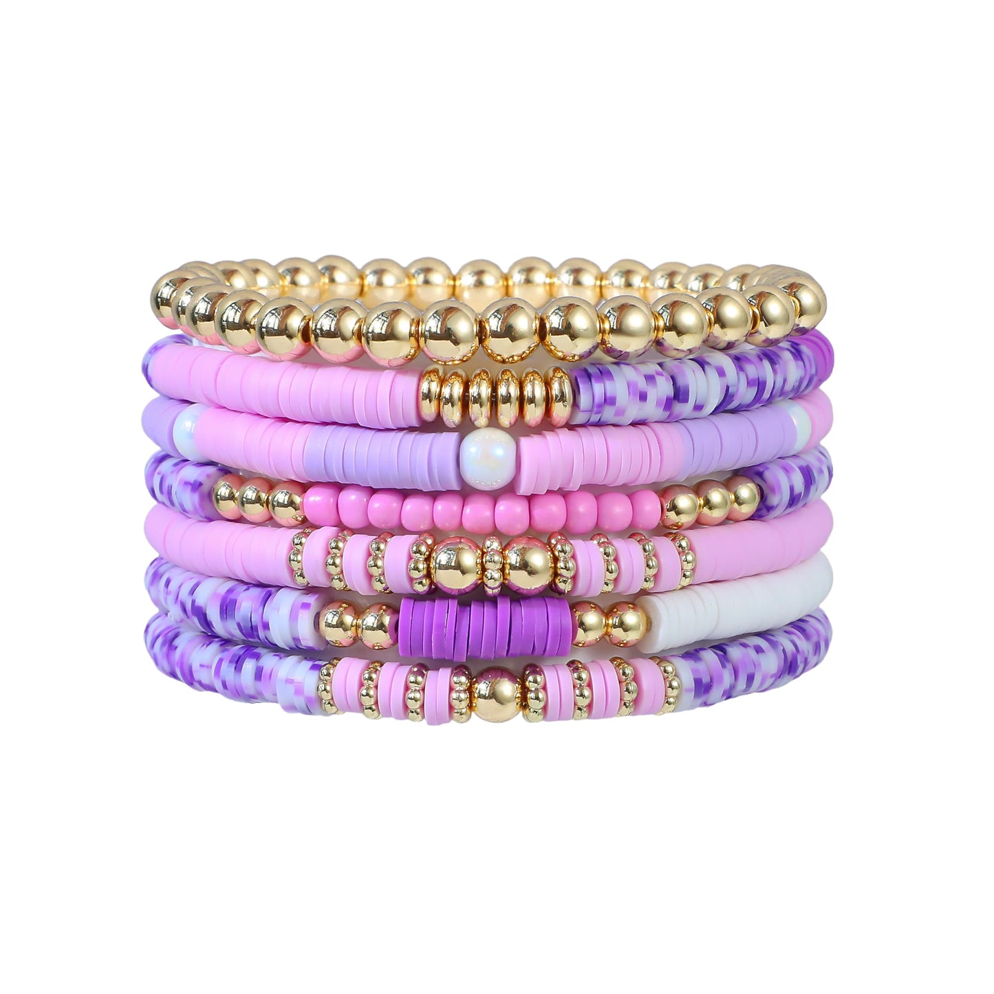 RISHEGAE Heishi Beaded Stretch Bracelets for Women Stackable Gold Polymer Clay Beads Bracelets Friendship Boho Summer Beach Bracelet Jewelry Set (F-H purple)