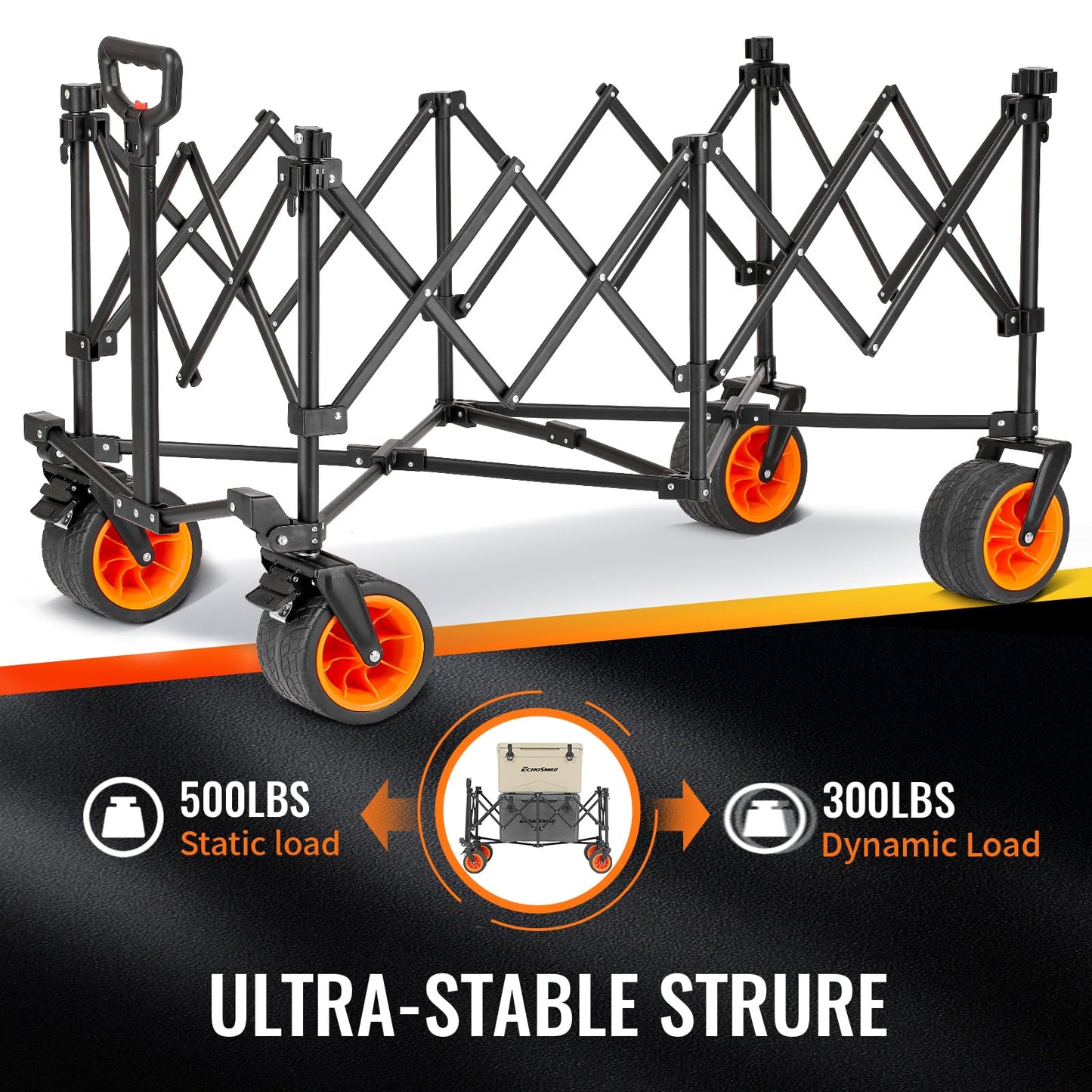 EchoSmile Collapsible Foldable Extended Wagon with 500Lbs Weight Capacity, 300L Folding Utility Wagon Cart with Big All-Terrain Wheels for Beach,Sport,Garden&Grocery (Black&Orange)