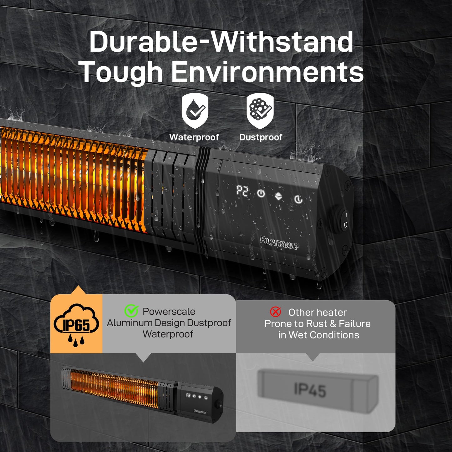 Powerscale Infrared Heater 1500W with Remote, 2.5s Instant Heat & Memory Function, Electric Patio Heater 4 Heat Levels, IP65 Waterproof - Indoor/Outdoor Space Heater for Garage, Backyard, Black