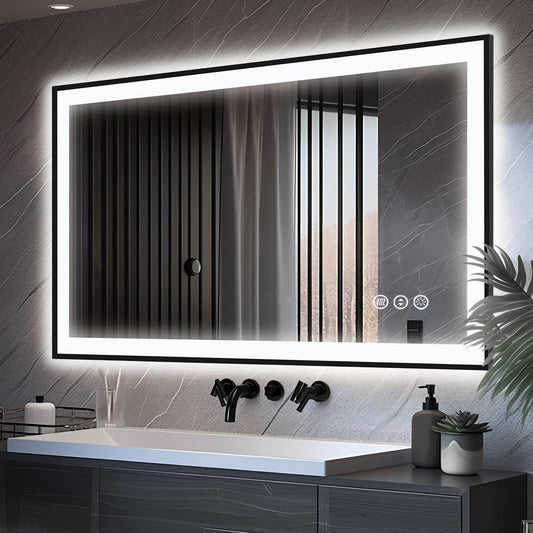 EchosLife 48x30 LED Bathroom Mirror - Black Aluminum Framed (Front and Backlit), Anti-Fog Lighted Vanity Mirror,Stepless 3 Colors Dimmable Lighted Smart Mirror(Horizontal/Vertical)