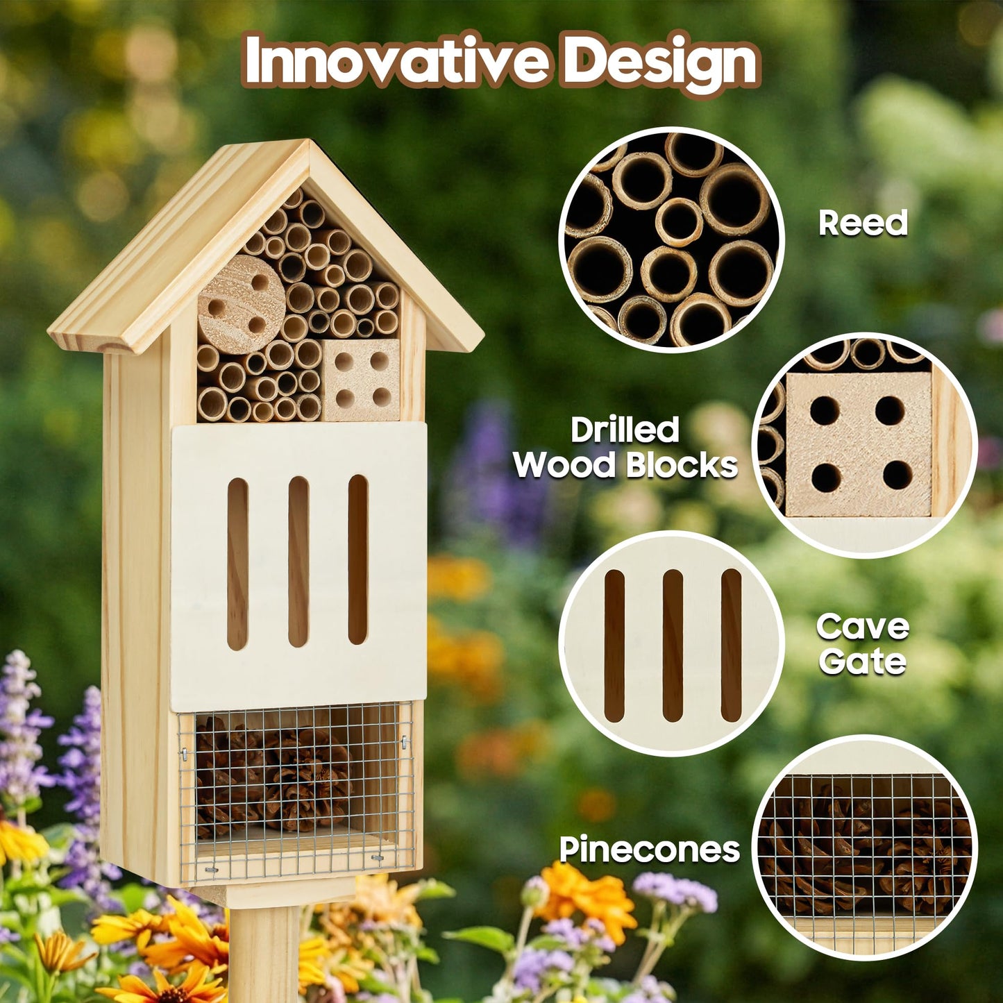Bee House Bug Hotel & Butterfly House with Stake, Handcrafted Wooden Ladybug Hotel, Natural Insect Habitat for Garden, Patio, or Yard, Attracts Pollinators, 10.4 x 5.5 x 3.2 Inches,25 inches Stake
