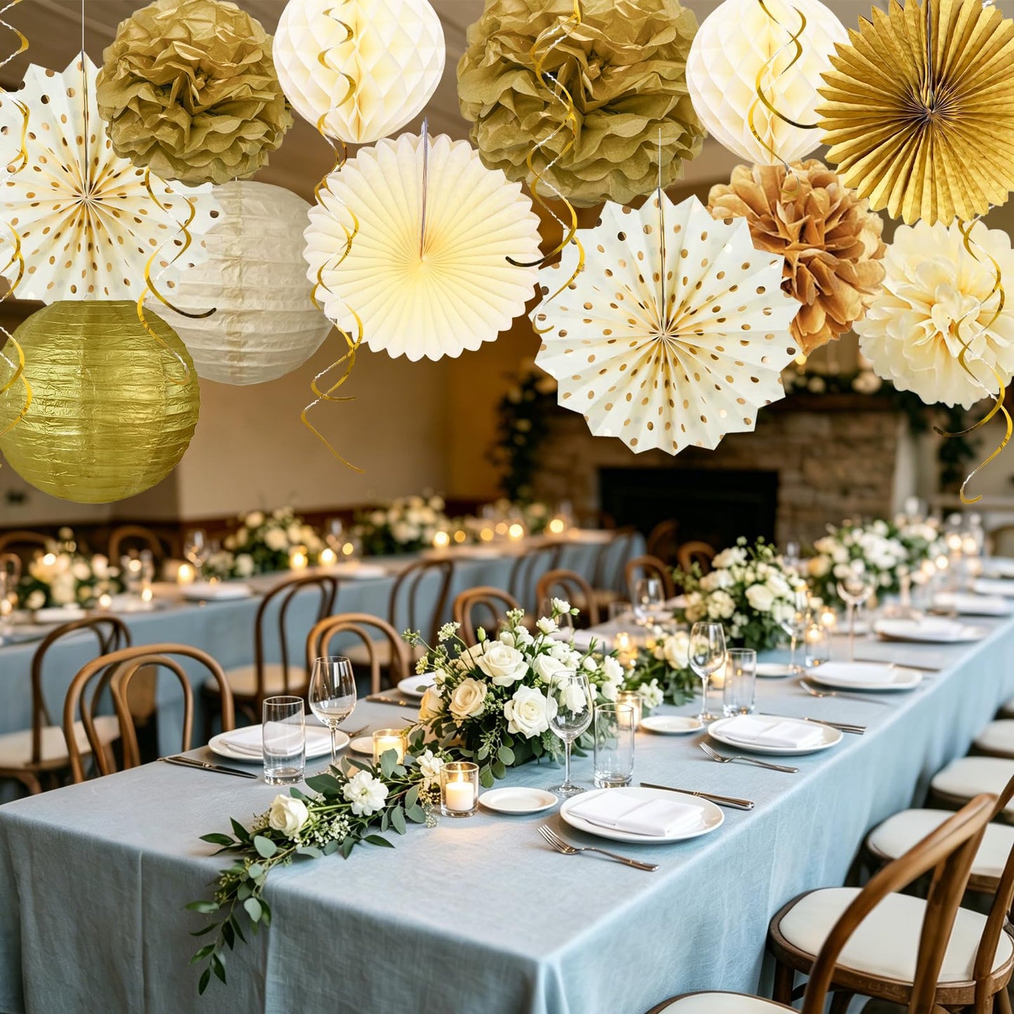 Golden Birthday Party Decorations,Gold Birthday Decorations with Happy Golden Birthday Banner,Paper Lanterns,Tissue Pom Poms,Fan,Gold Cream Balloons for Women Men,Photo Backdrop Decor,Gold Party