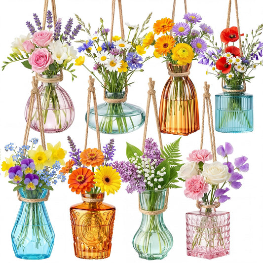 Wonderjune 8 Pcs Stained Glass Hanging Vases Hanging Glass Planters Small Plant Terrarium Pot Containers with Rope for Garden Home Indoor Outdoor Decor, 4 Styles (Classic)