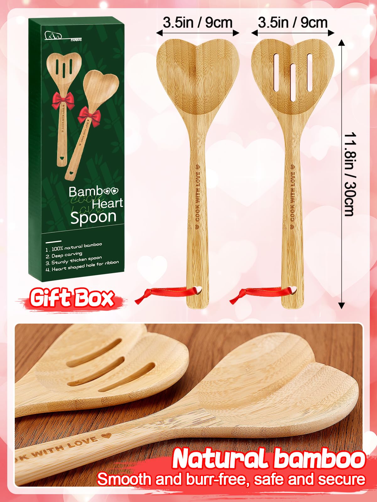 Bamboo Heart Shaped Spoon for Cooking - Wooden Cook with Love Spoon Kitchen Utensils, Mother's Day Gifts for Grandma Mom Couple Wife Hostesses House Warming, 2Pcs