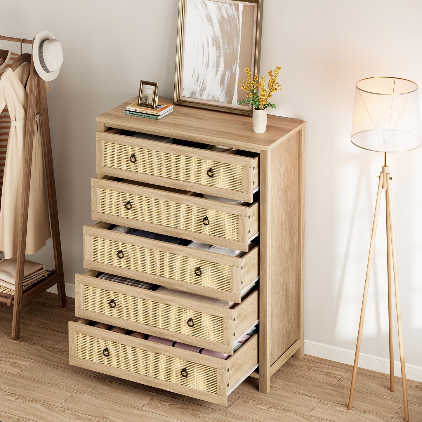 IDEALHOUSE Rattan Dresser for Bedroom with 5 Drawers, 45'' Tall Chest of Large Drawers with Large Clothes Storage Cabinet, Wood Bedroom Dresser, TV Stand for Nursery, Living Room, Enterway