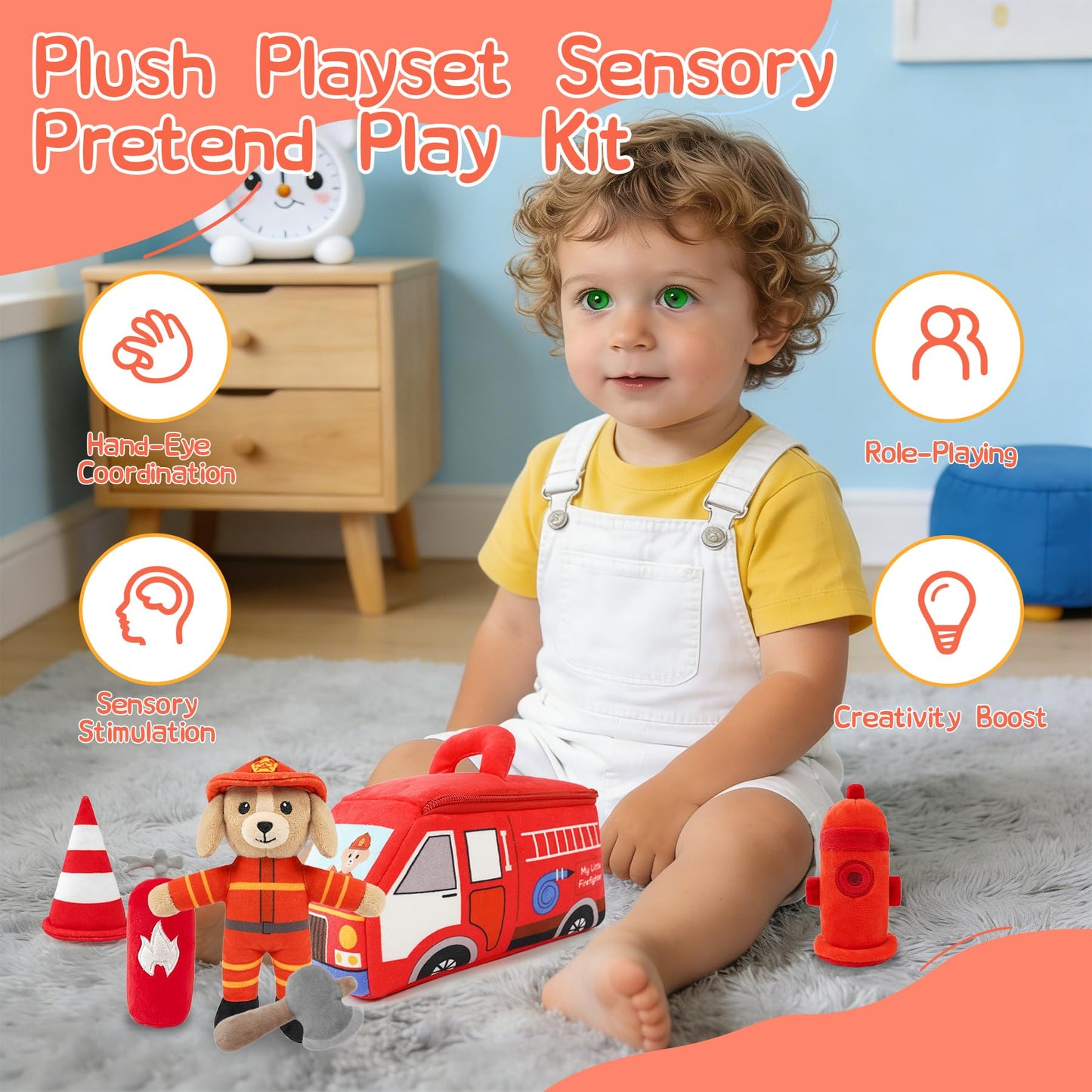 JUSTQUNSEEN Stuffed Plush Firefighter Kit for Baby Toddler, 6-Pcs My Little Playset, Sensory Pretend Play Toy with Fire Truck/Dog Firefighter/Extinguisher, Boy Girl Infant Gifts
