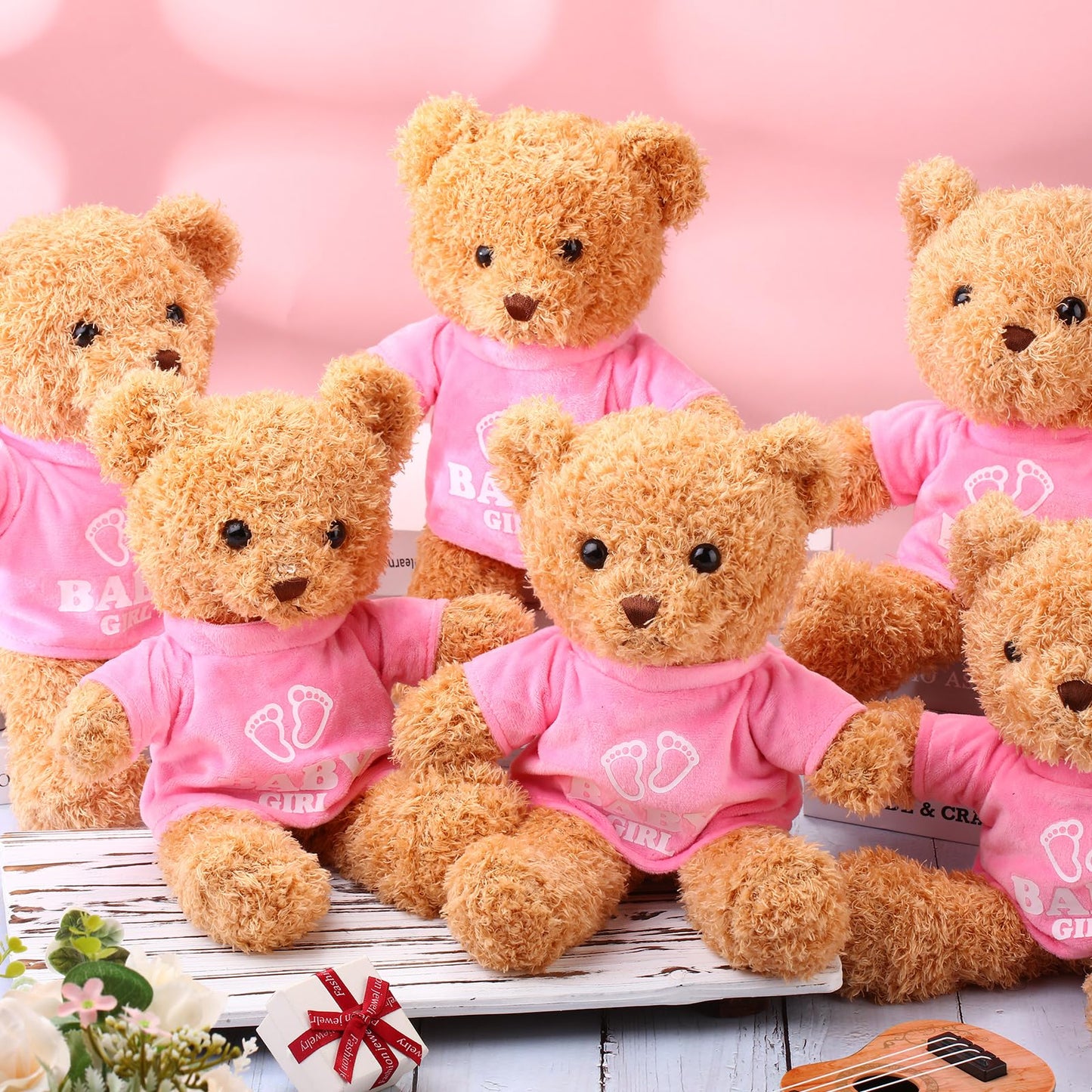 Silipull 6 Pcs Baby Shower Bear Bulk 12 Inch Stuffed Animal Bear Cute T Shirt Plush Toy Gift Fluffy Decorations for Shower Birthday Gender Reveal Party Favors(Baby Girl)
