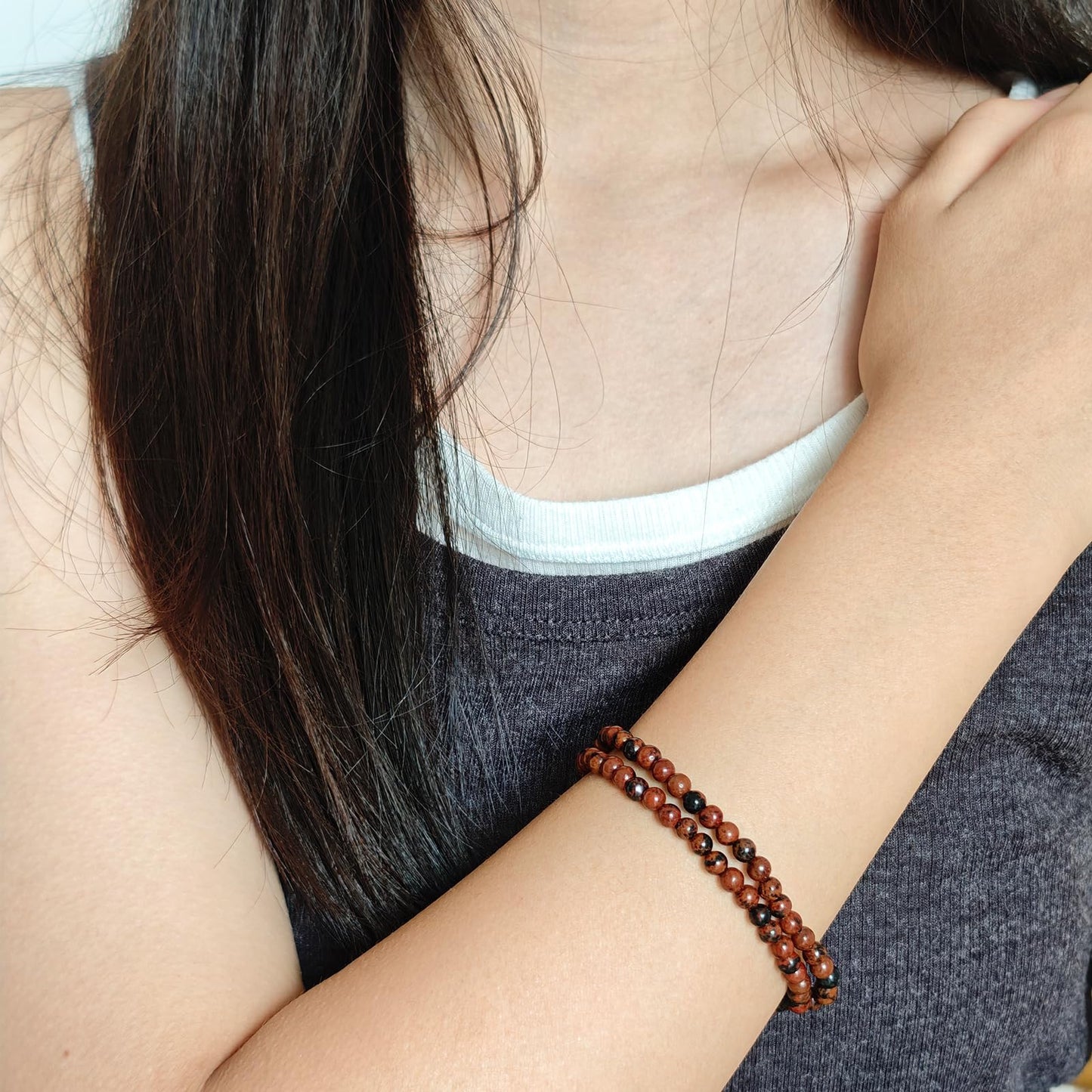 CHCCOYE 4mm Natural Healing Gemstone Bracelet Handmade Yoga Stretch Elastic Bracelet Stress Relief Crystal Jewelry for Men and Women (4mm,Mahogany Obsidian)