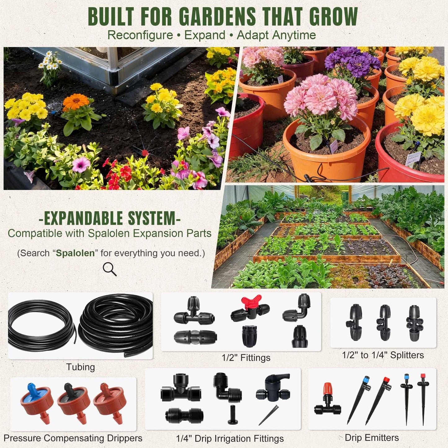 Spalolen Drip Irrigation System Push-to-Connect Garden Watering System Kit for Raised Beds, Expandable DIY Drip Irrigation Kit with 1/2" & 1/4" Tubing, Adjustable Emitters, Leak-Proof Connectors