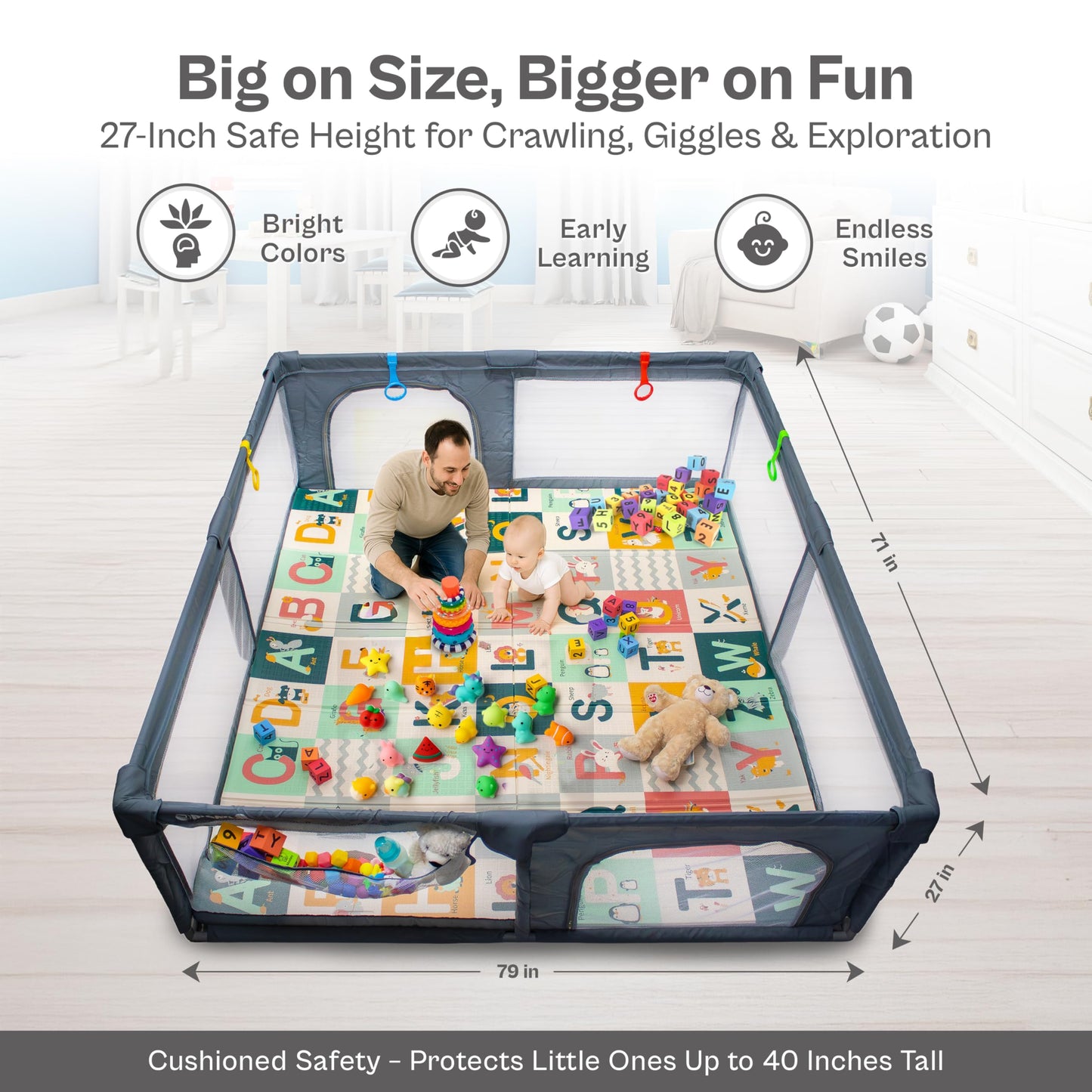 Baby Playpen with Mat 79x71 Inch Large Playpen for Babies and Toddlers Playard with Zipper Gate Safety Fence Play Pen with Soft Breathable Mesh Indoor & Outdoor Kids Activity with Playmat Dark Gray