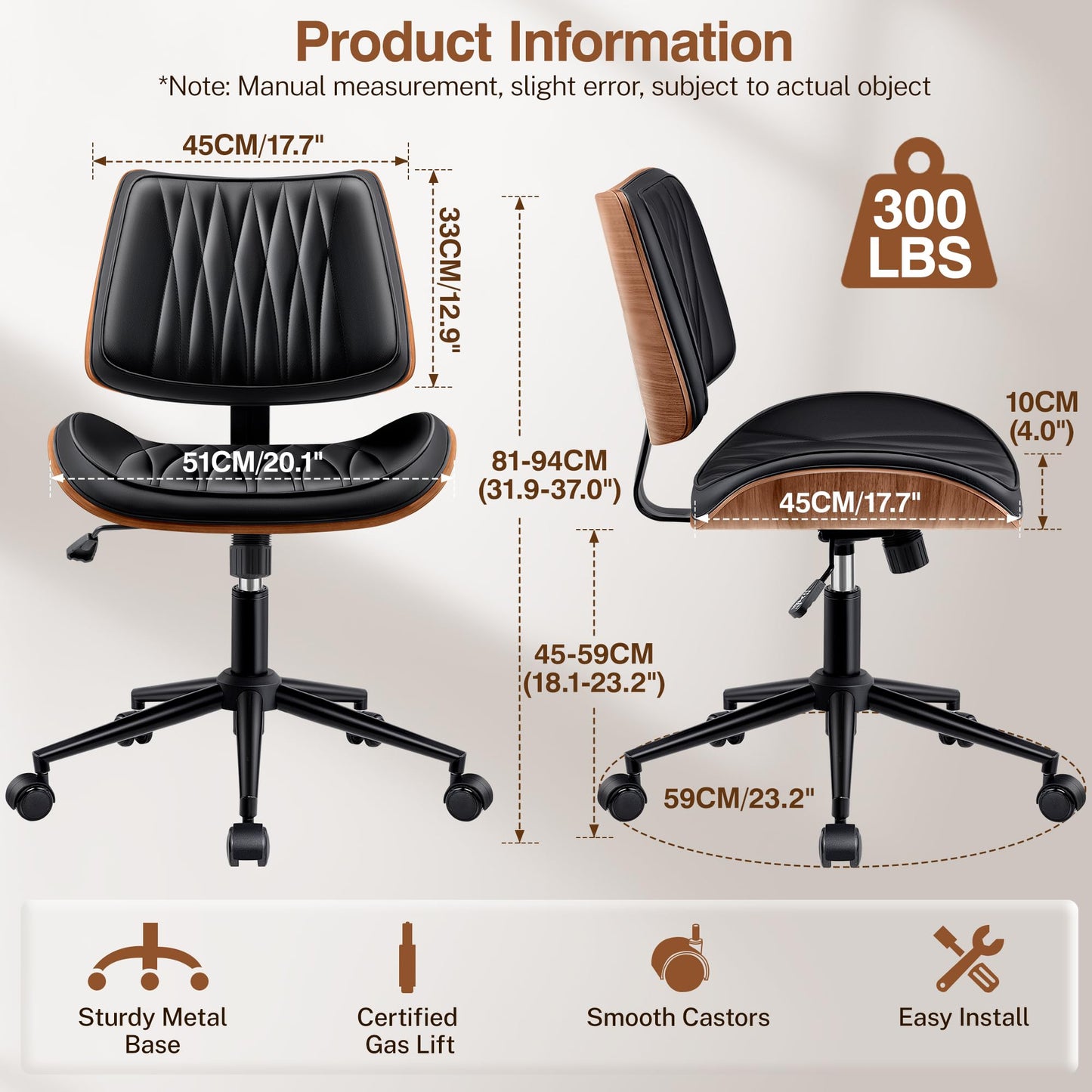 Ergonomic Armless Office Desk Chair - Mid-Century Modern Black Faux Leather with Diamond Stitch, Adjustable Height Swivel Rolling Task Computer Chair with Walnut Accent for Home Office, Study & Work
