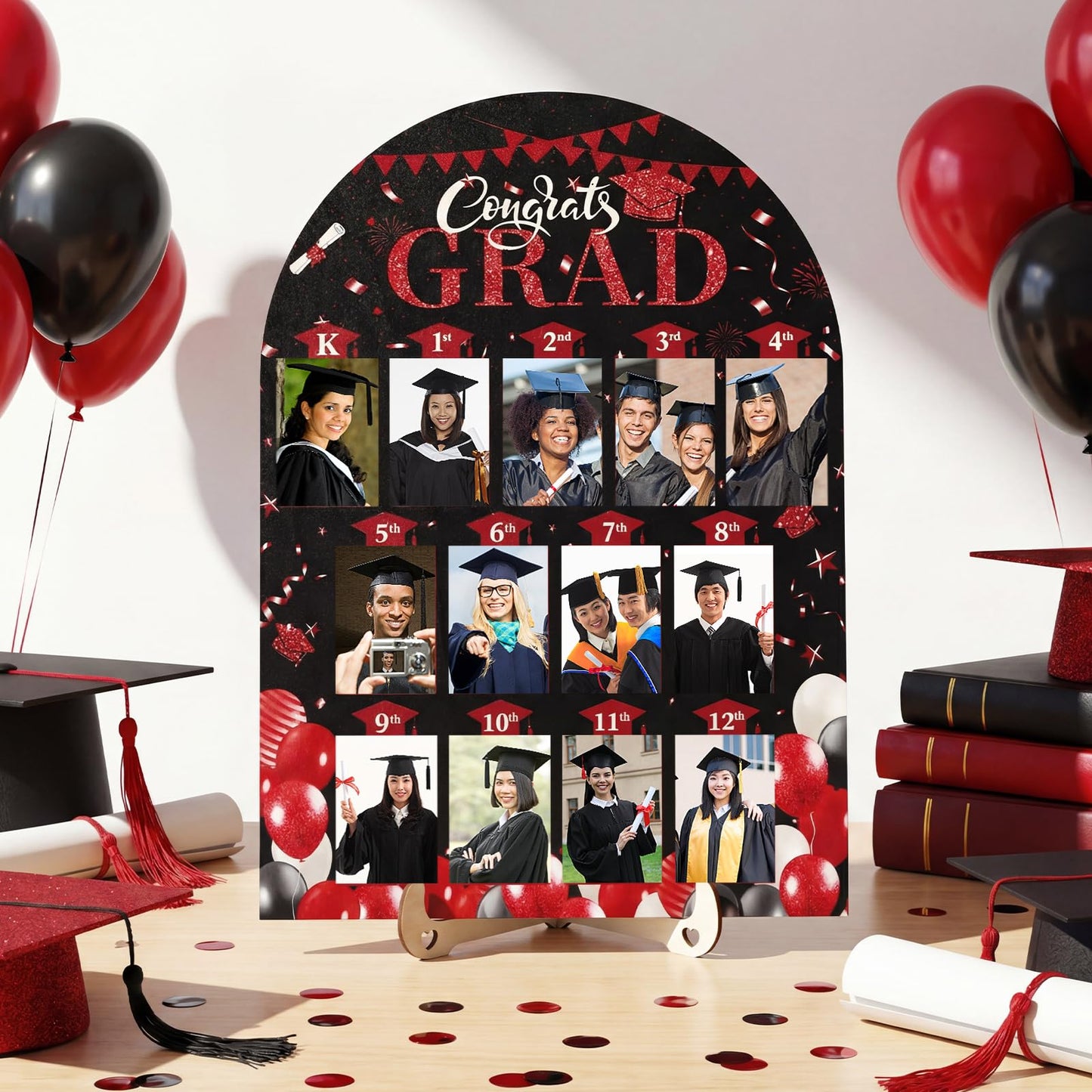 Leinuosen K-12 Graduation Picture Display for Party Decoration, Kindergarten to 12th Congrats Grade Photo Display Wood Picture Board for Senior High School Graduation Decoration(Black Red)