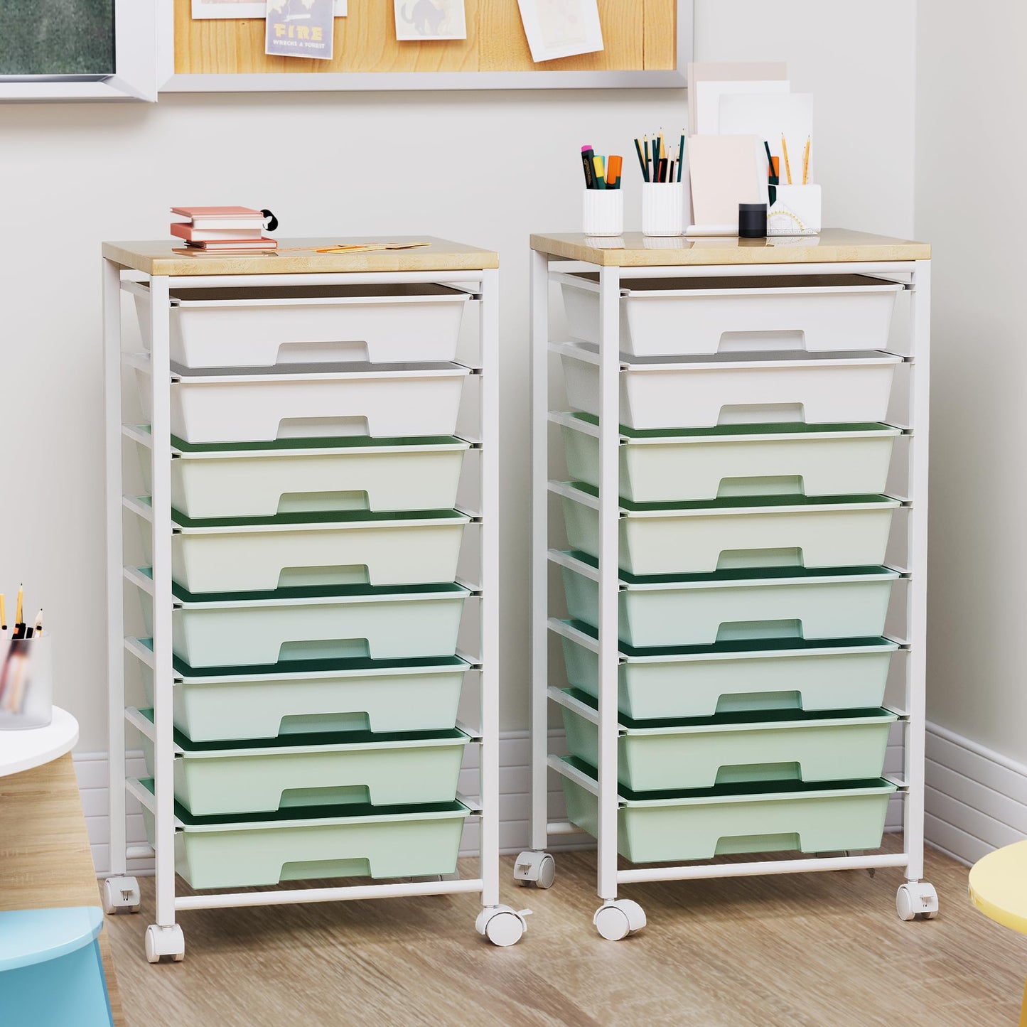 Rolling Cart with 8 Drawers, Storage Drawers Cart with Wooden Tabletop and Lockable Wheels, Craft Storage for Living Room, Office, Classroom, Craft Room, Bedroom
