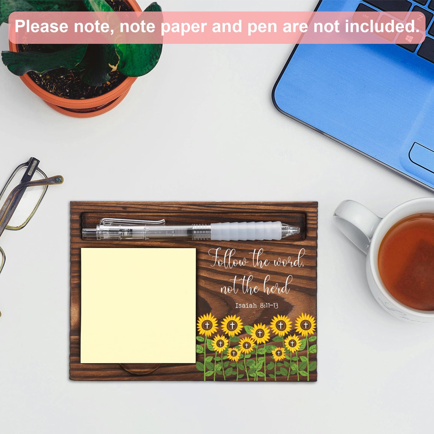 Christian Encouragement Gift Desk Organizer for Coworker Teacher Nurse Friend, Follow the Word Not the Herd Office Desk Decor, Appreciation Thank You Gift Wooden Sticky Note Holder Pen Tray - FTA772
