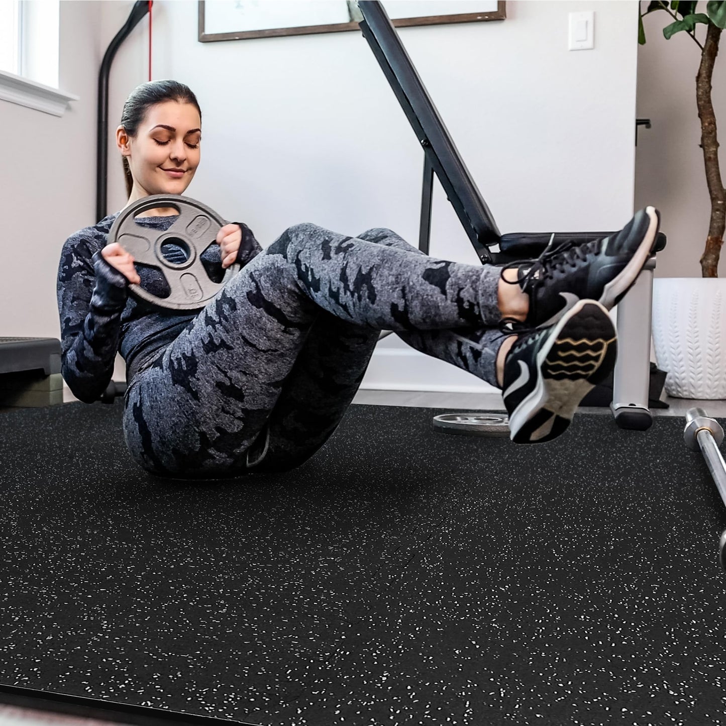 SUPERJARE 0.4'' Thick 12 Pcs 48 Sq Ft Rubber Top Exercise Equipment Mats, High Density EVA Foam Mats with Rubber Top, Interlocking Gym Flooring for Home Gym, Protective Workout Mat, Black/Grey