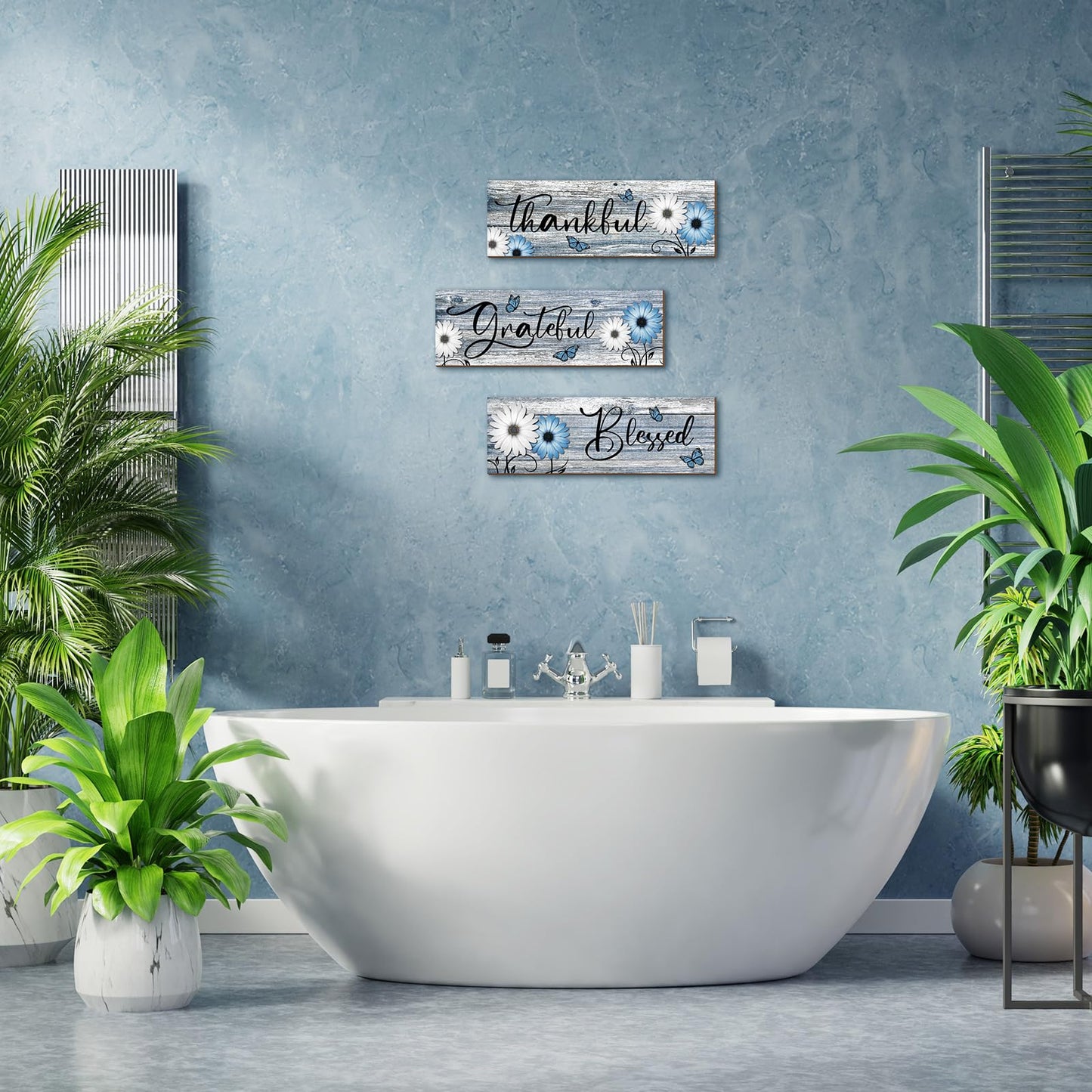 Geetery 3 Pcs Thankful Grateful Blessed Wooden Signs Rustic Daisy Wood Wall Decor Inspirational Wall Art Signs Rustic Wooden Hanging Decorations for Bedroom Kitchen Living Room Bathroom Home (Blue)