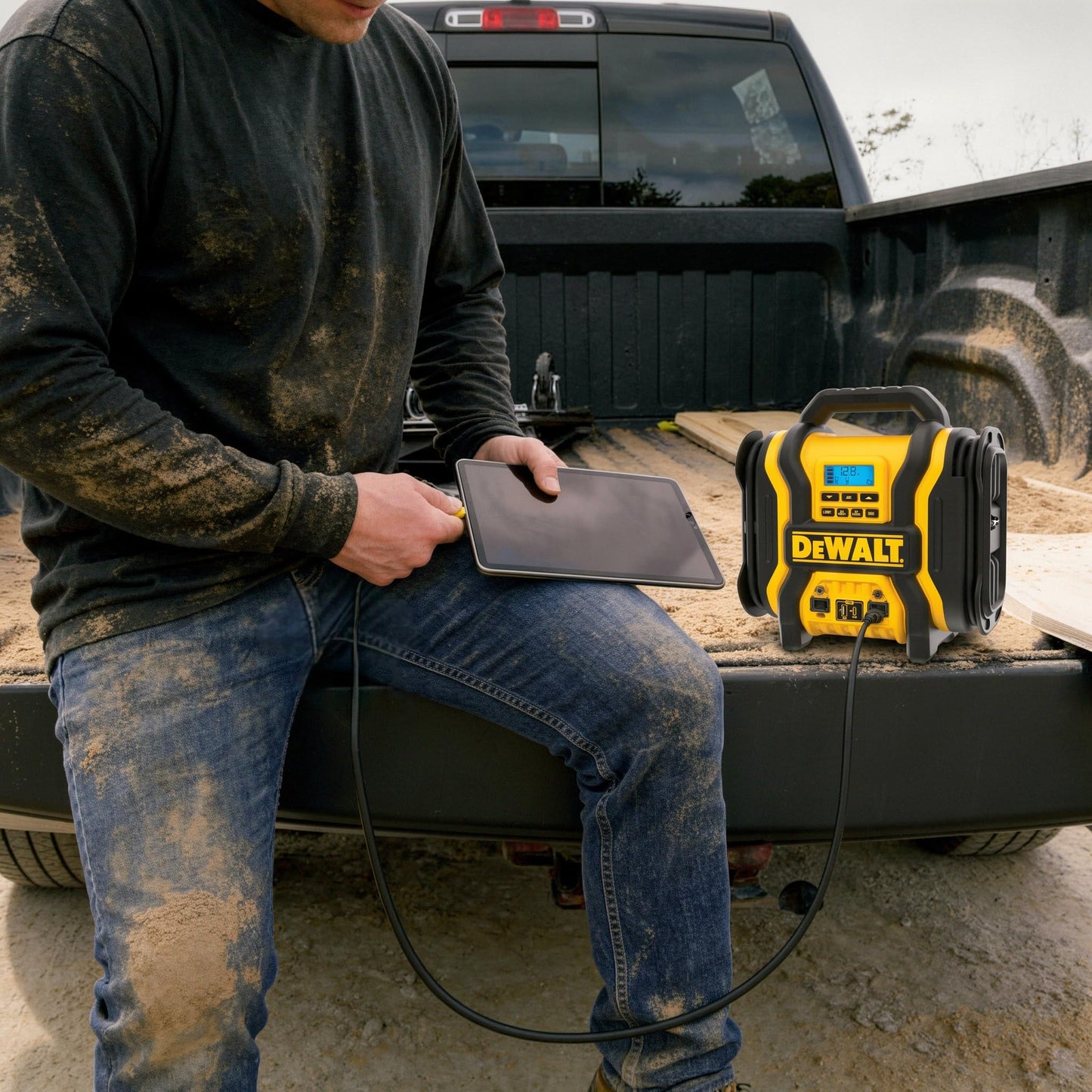 DEWALT DXAEPS14 2000 Peak Battery Amp 12V Automotive Battery Booster Jump Starter/Power Station with 120 PSI Compressor, 500W AC Power Inverter, and 15W USBa & 25W USB Ports