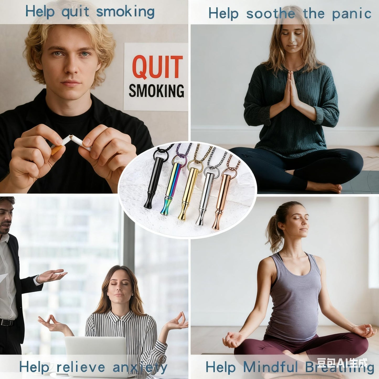 hooppoo Breathing Necklace for Calm & Focus - Personal Essential Oil Diffuser for Anxiety Relief, Quit Smoking, Yoga and Meditation - Reusable Stainless Steel Pendant for Women Men (Rainbow)