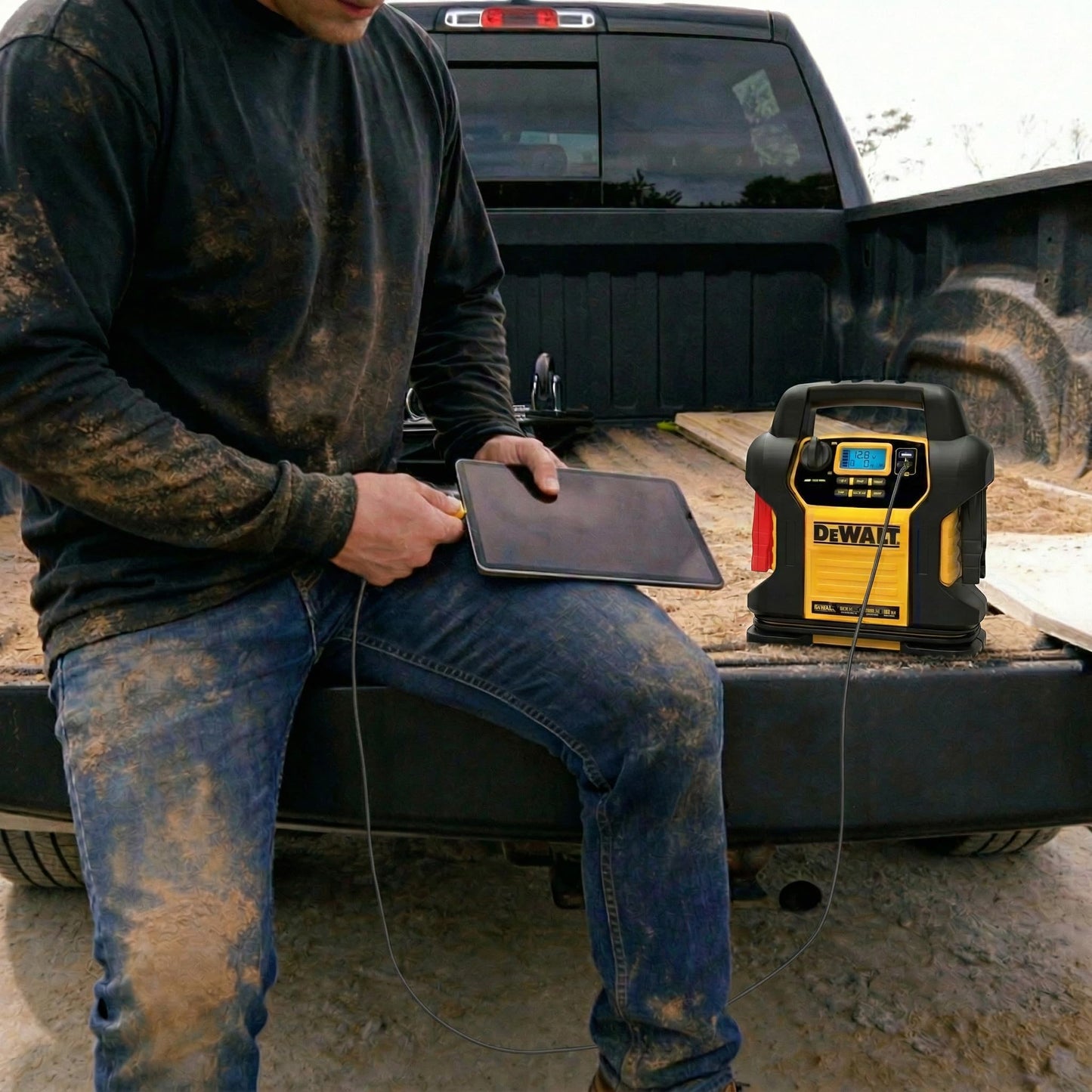DEWALT DXAEJ14 Digital Portable Power Station Jump Starter - 1600 Peak Amps with 120 PSI Compressor for Tires, Sports Equipment & Bikes, 15W USB-A and 25W USB-C Power