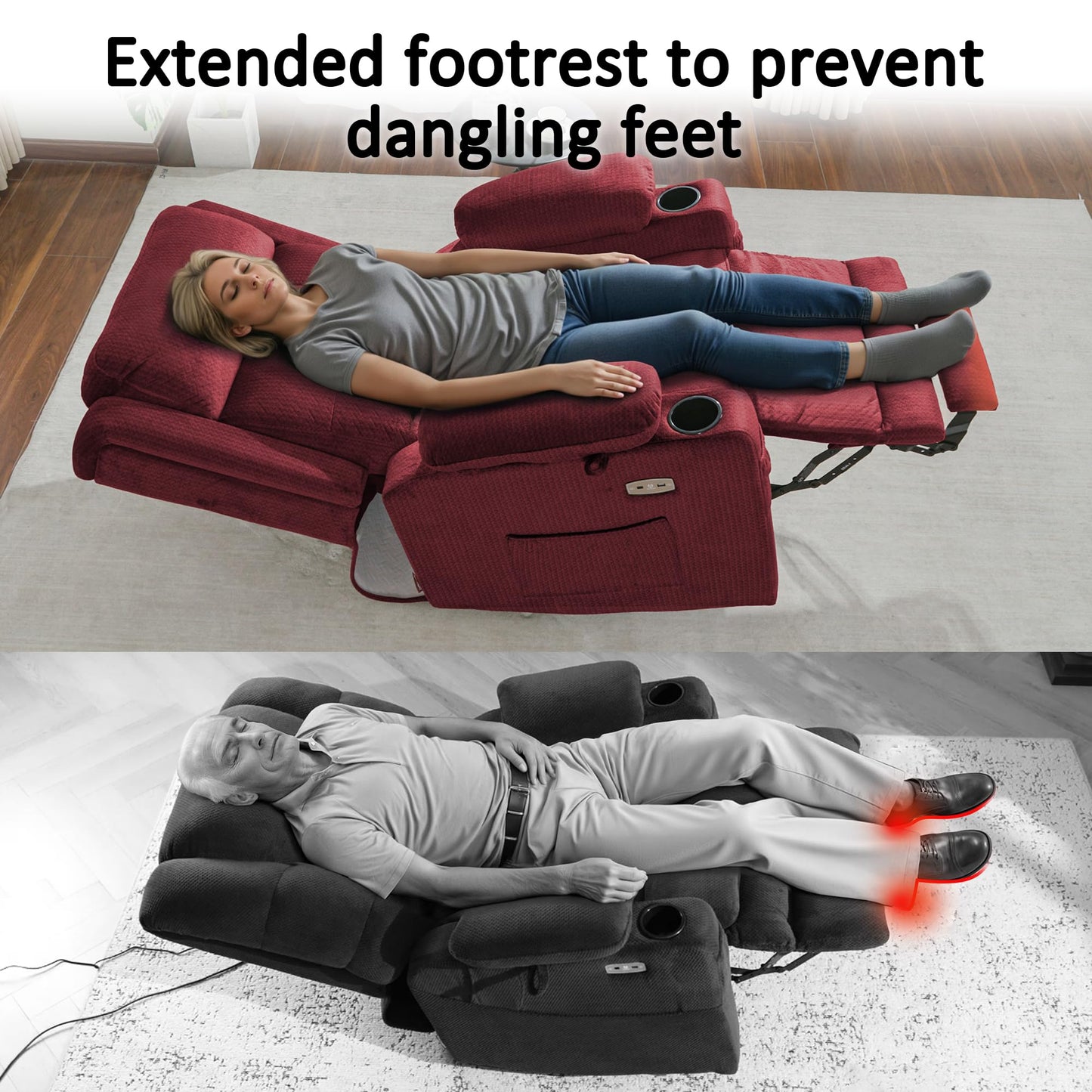 MCombo Large Triple Motor Power Lift Recliner Chair with Massage and Heat for Elderly People, Adjustable Headrest, Infinite Position, USB Ports, Fabric 7662 (Burgundy, Large)