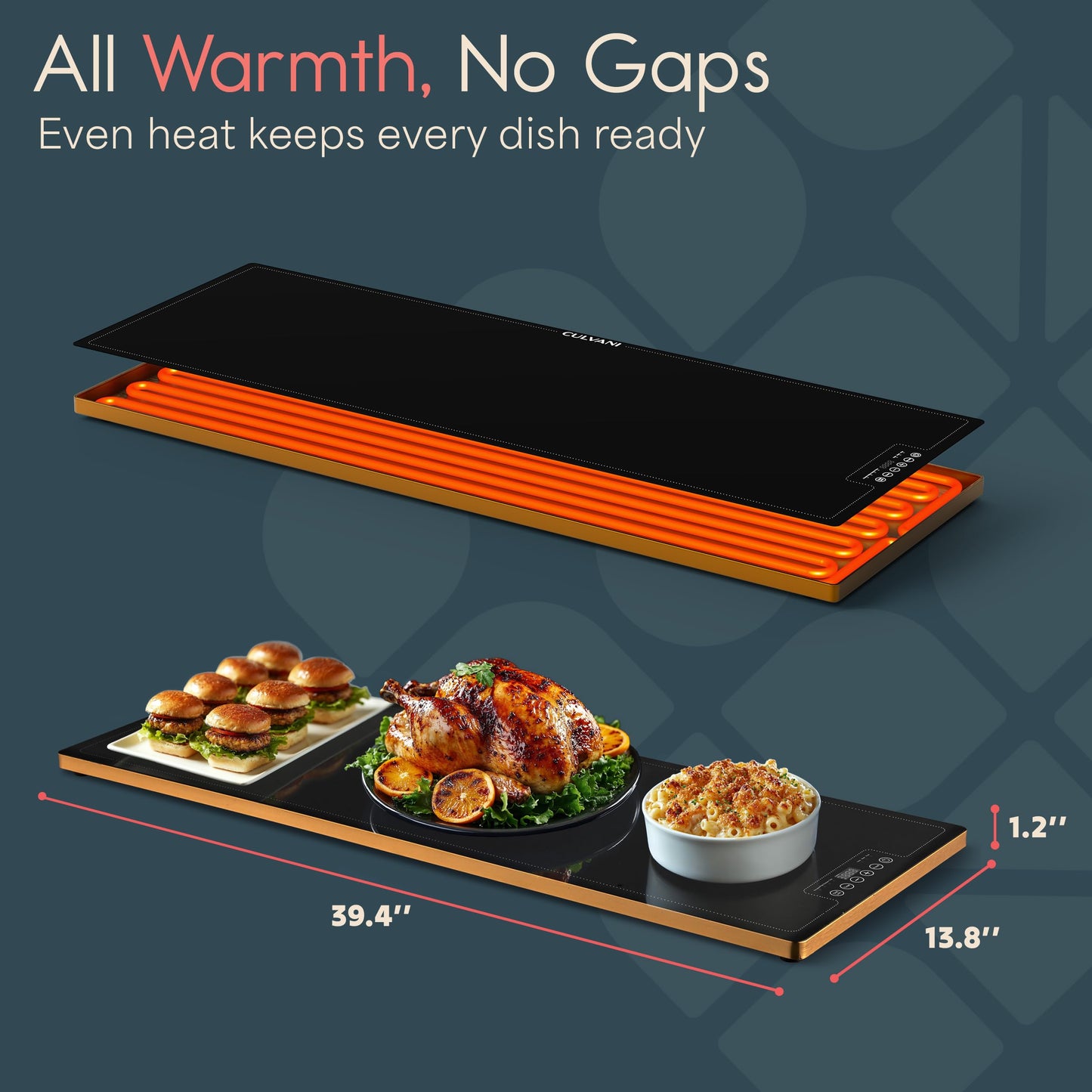 Culvani Electric Warming Tray for Food | 39"x14" XL Thermaplate Electric Food Warmer for Kitchen & Buffet | 1" Thin Countertop Hot Plate with Touch Controls, Adjustable Temp, Black/Gold Finish