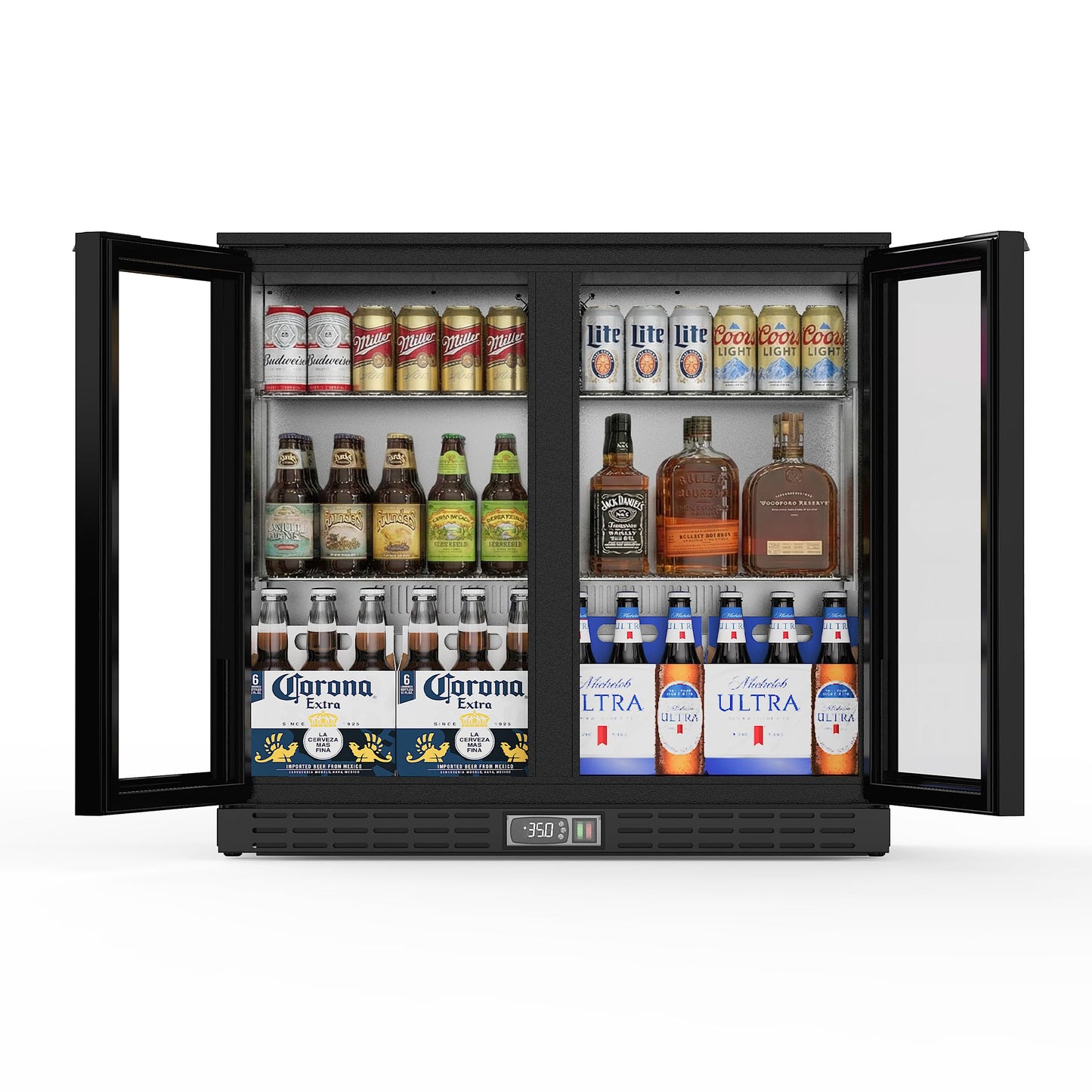Coolake Back Bar Cooler Refrigerator with 2 Glass Doors, 7.4 cu.ft Commercial Under Counter Height Beverage Refrigerator with LED Lighting, Display Drink Fridge for Home Bar, Man Cave, Garage, Office