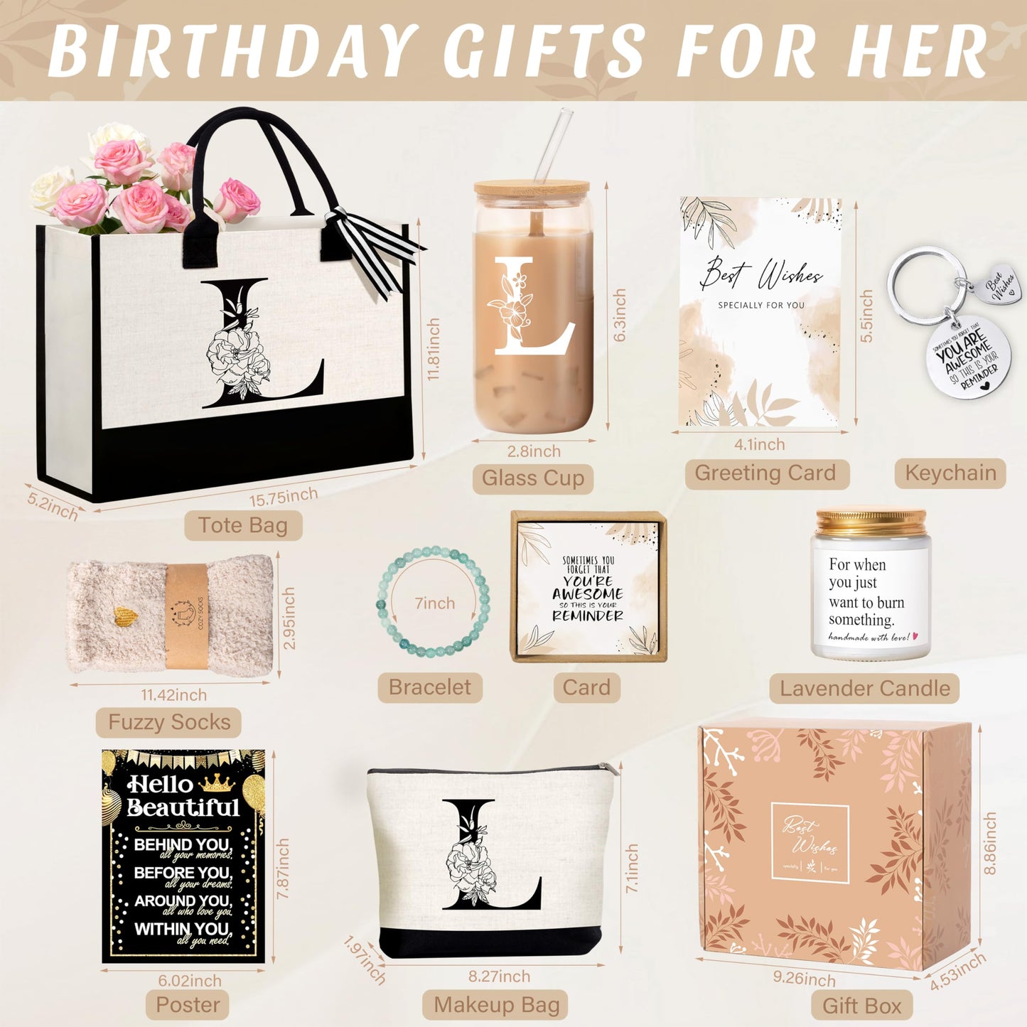 Lepiche Birthday Gifts for Women, Monogrammed Initial Gift for Teacher Wife Mom, Tote Bag,Glass Cup Gift Basket Personalized Christmas Mother's Teacher Appreciation Day,L
