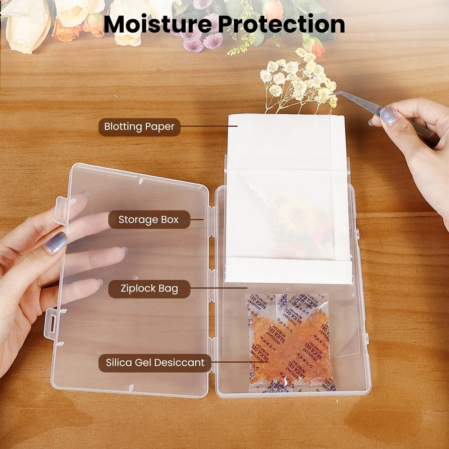 Aboofx 4PCS Dried Flower Storage Set with Blotting Paper, Ziplock Bag and Desiccant, Flower Preservation Kit - Good Seal, High Capacity to Keep Flowers Color and Dry (6.3 x 4.3 inch)