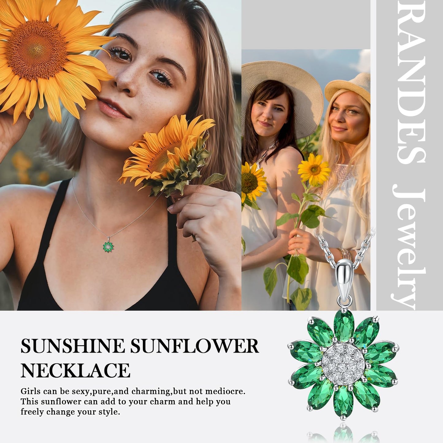 RANDES Emerald Sunflower Necklaces for Women Sterling Silver May Birthstone Necklace Dainty Green Stone Flower Pendant Necklace