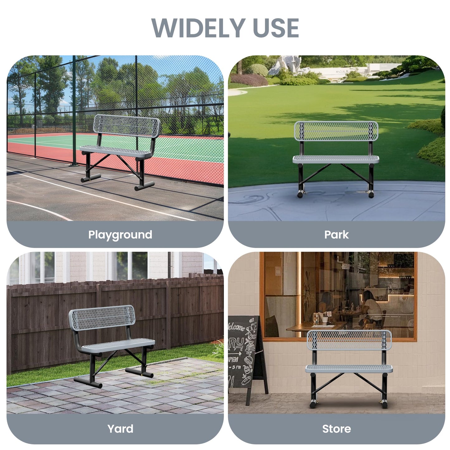 Sunnibety 4 Feet Steel Park Bench for Outside, Outdoor Bench with Backrest & Portable Frame, Commercial Benches for Shopping Malls, Stores, Parks, Patios, Decks, Grey
