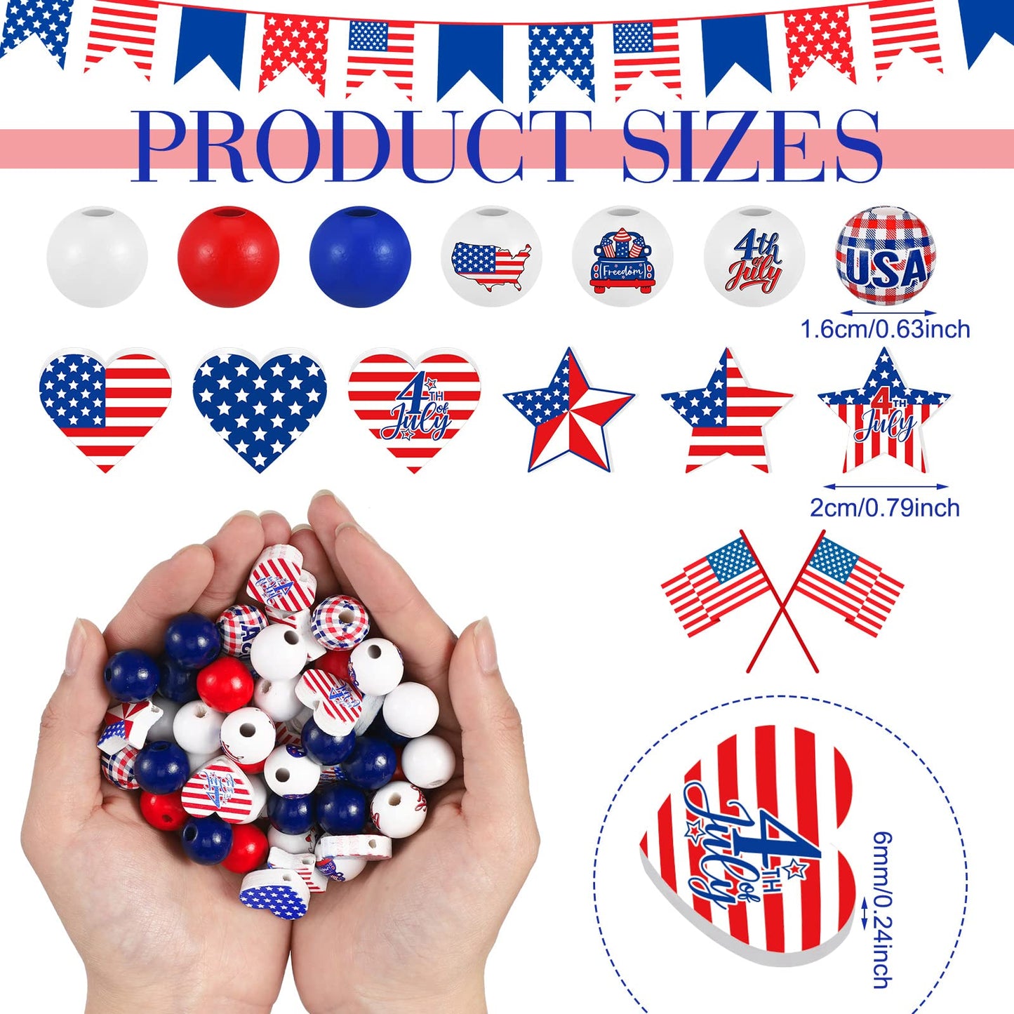 Buryeah 200 Pcs 4th of July Wood Beads Red White and Blue Patriotic Wooden Beads Memorial Day 250th Anniversary Flag Charms for Independence Day DIY Jewelry Garland Necklaces Decor
