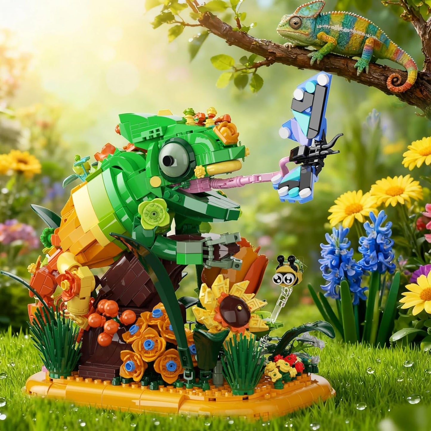 Chameleon Garden Bonsai Building Set, 1092PCS Nature Inspired MOC Flowers & Insects STEM Kit Compatible with Lego Animal, Stunning Desk Decor for Home/Office, Building Blocks for Kids Adults Aged 12+