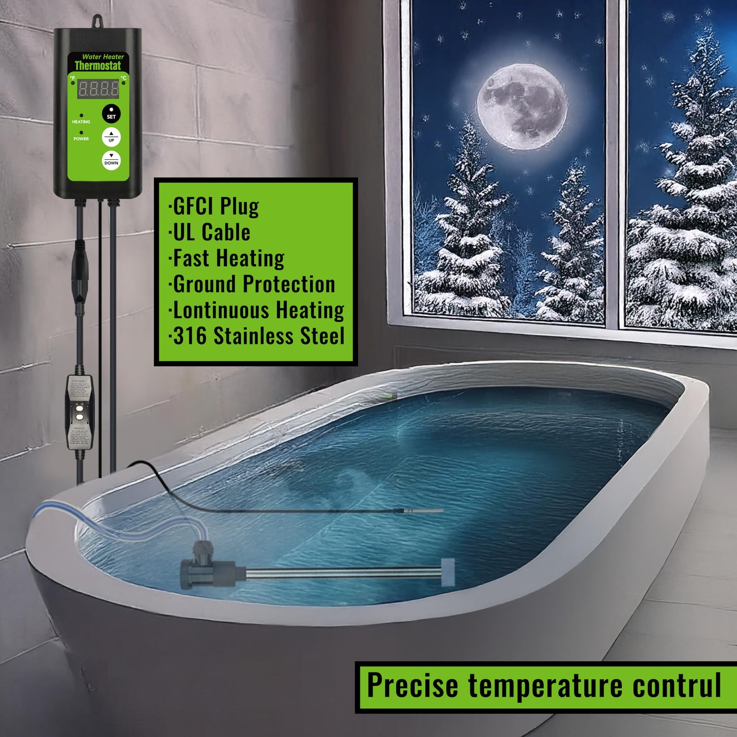 LINGLONGTEMP 1500W Submersible Hot Tub & Pool Portable Electric immersion Water Heater with temperature control and GFCI for Swimming Pools, Bathtubs, Baptistry, above ground pool & inflatable pool