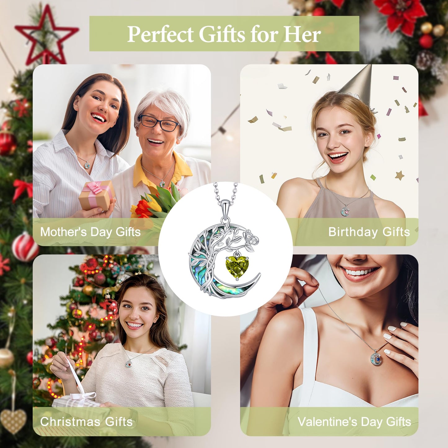 Distance Tree of Life Birthstone Necklace for Women, S925 Sterling Silver Premium Abalone Shell Moon Pendant August Heart Birthstone Necklace, Peridot Jewelry Christmas Birthday Gifts for Her Mom Wife