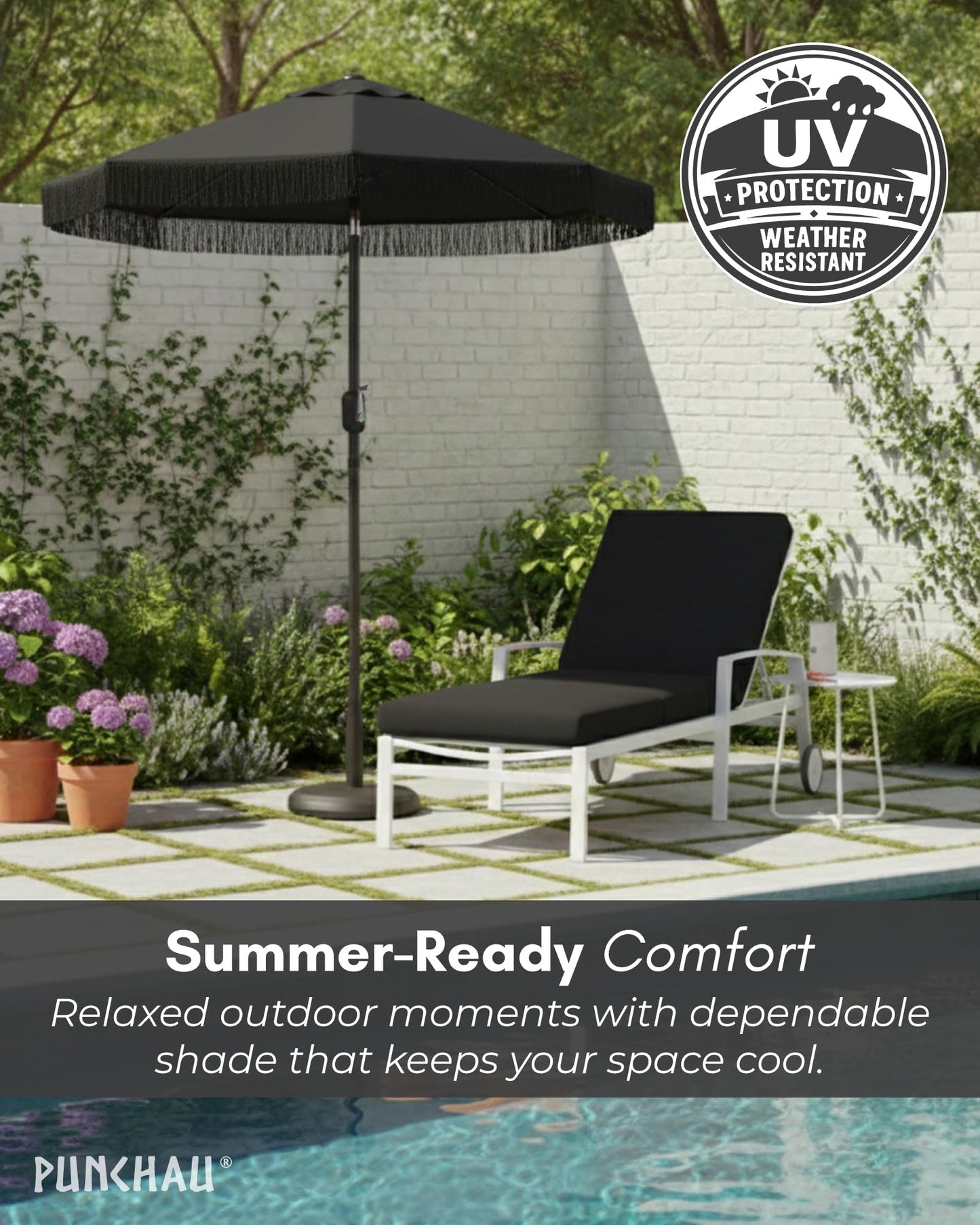 Punchau 6 Ft Black Fringe Patio Umbrella - Outdoor Umbrella for Patio, Pool, Table, Garden, & Deck, Push Button Tilt Pole - Fashionable Vintage Tassels - Black
