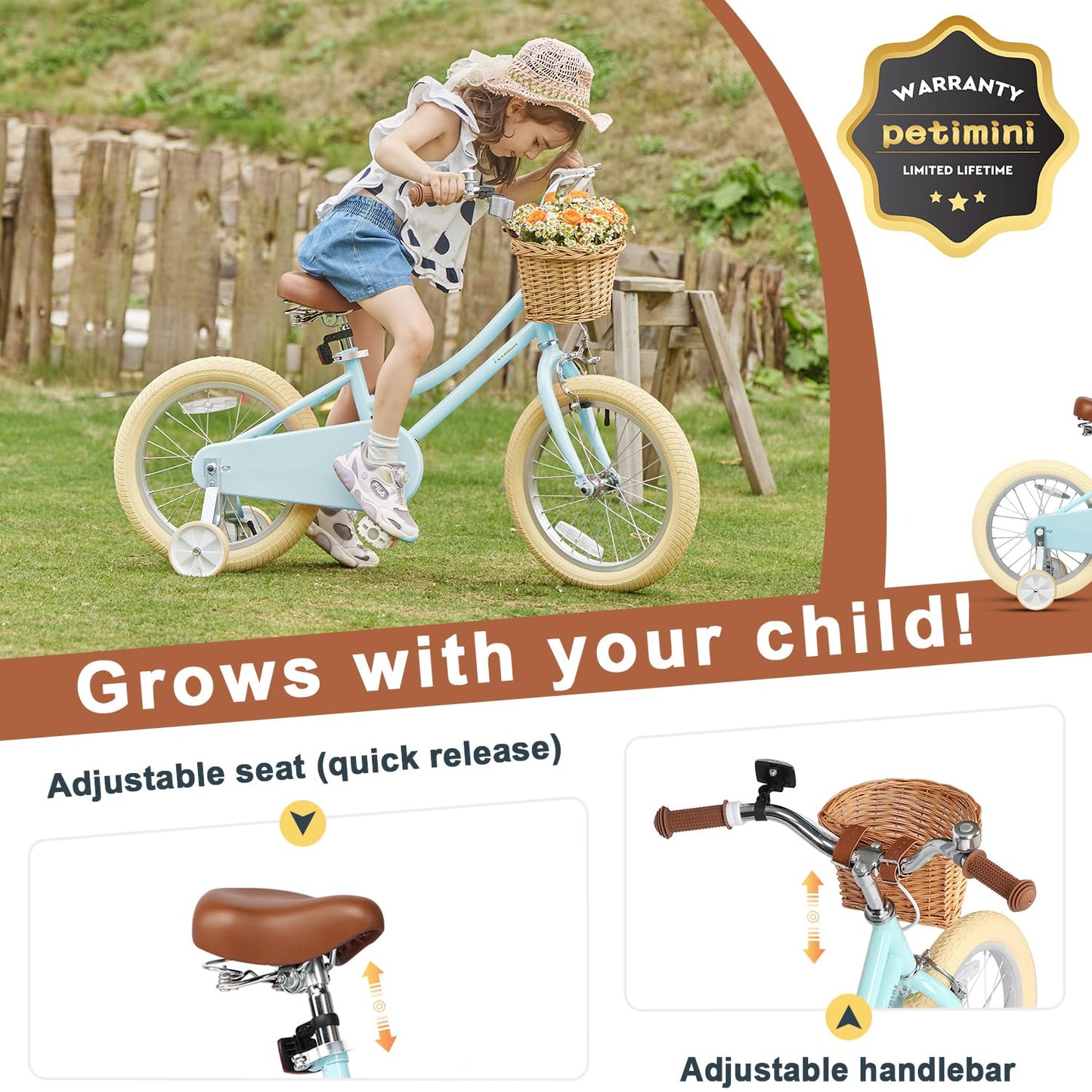 Petimini 18 Inch Little Kids Bike for Age 5 6 7 8 Years Old Girls Retro Vintage Style Bicycles with Basket Training Wheels and Bell, Blue
