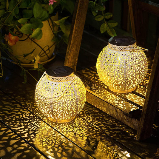 TAKE ME 2 Packs White Solar Lanterns Outdoor Waterproof Garden Laterns Metal Retro Lights for Mothers Gifts Mom Wife Grandma Birthday Gifts (White Set of 2)