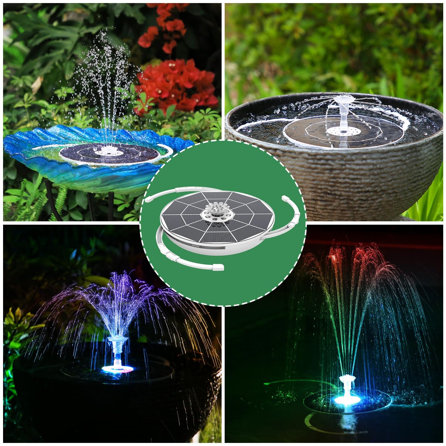 AISITIN 6.5W Solar Fountain Pump with Colorful LED Lights, 3000mAh Battery, Anti-Drift Brackets, 10 Nozzles, Remote Control, Solar Powered Bird Bath Fountain for Outdoor Garden Pond Fish Pond Backyard