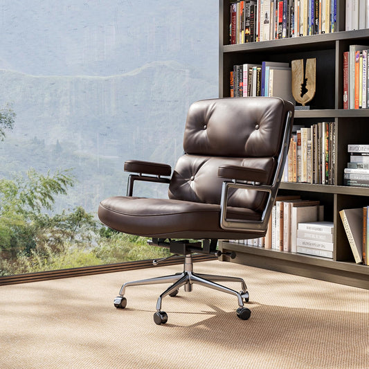 Genuine Leather Office Chair, Padded Mid Back Conference Desk Chair with Aluminum Arms and Leg, Executive Swivel Leather Chairs with Wheels, Thickened Backrest and Ergonomic Lumbar Support, Brown